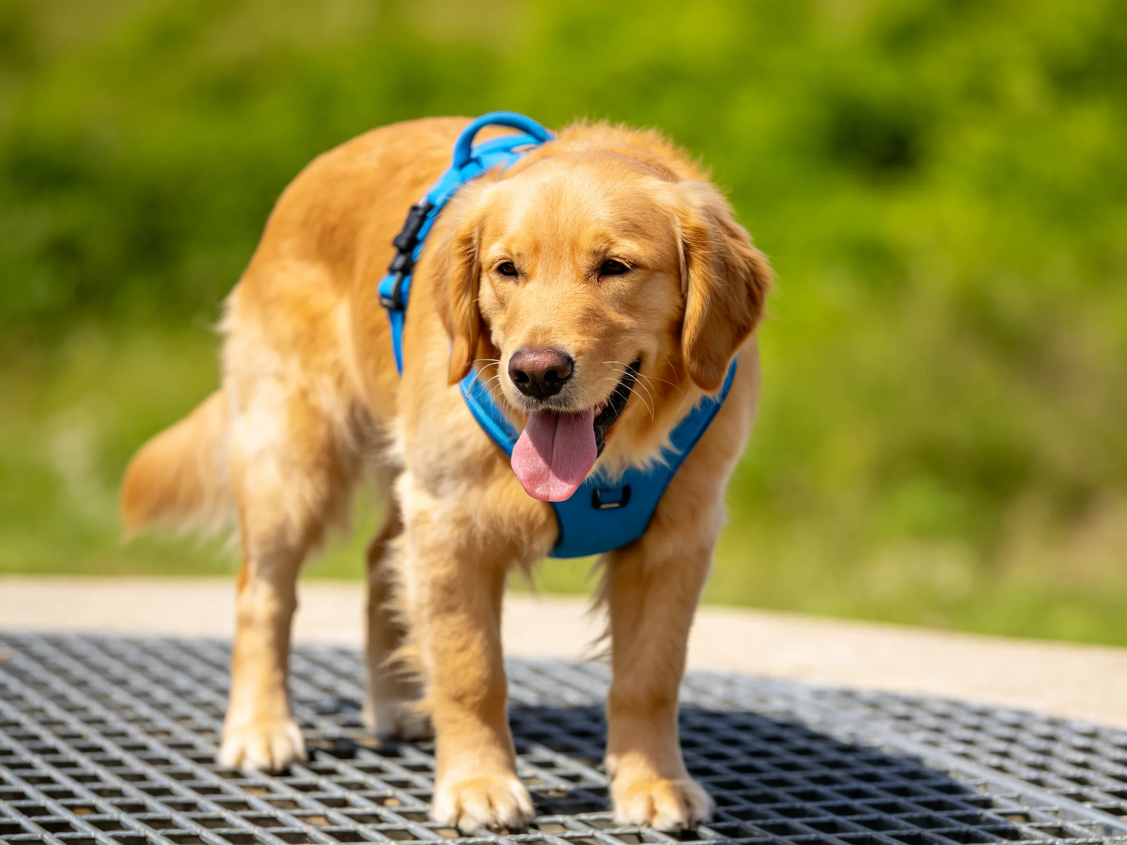 A golden retriever puppy with a blue harness stands on an outdoor metal grate.