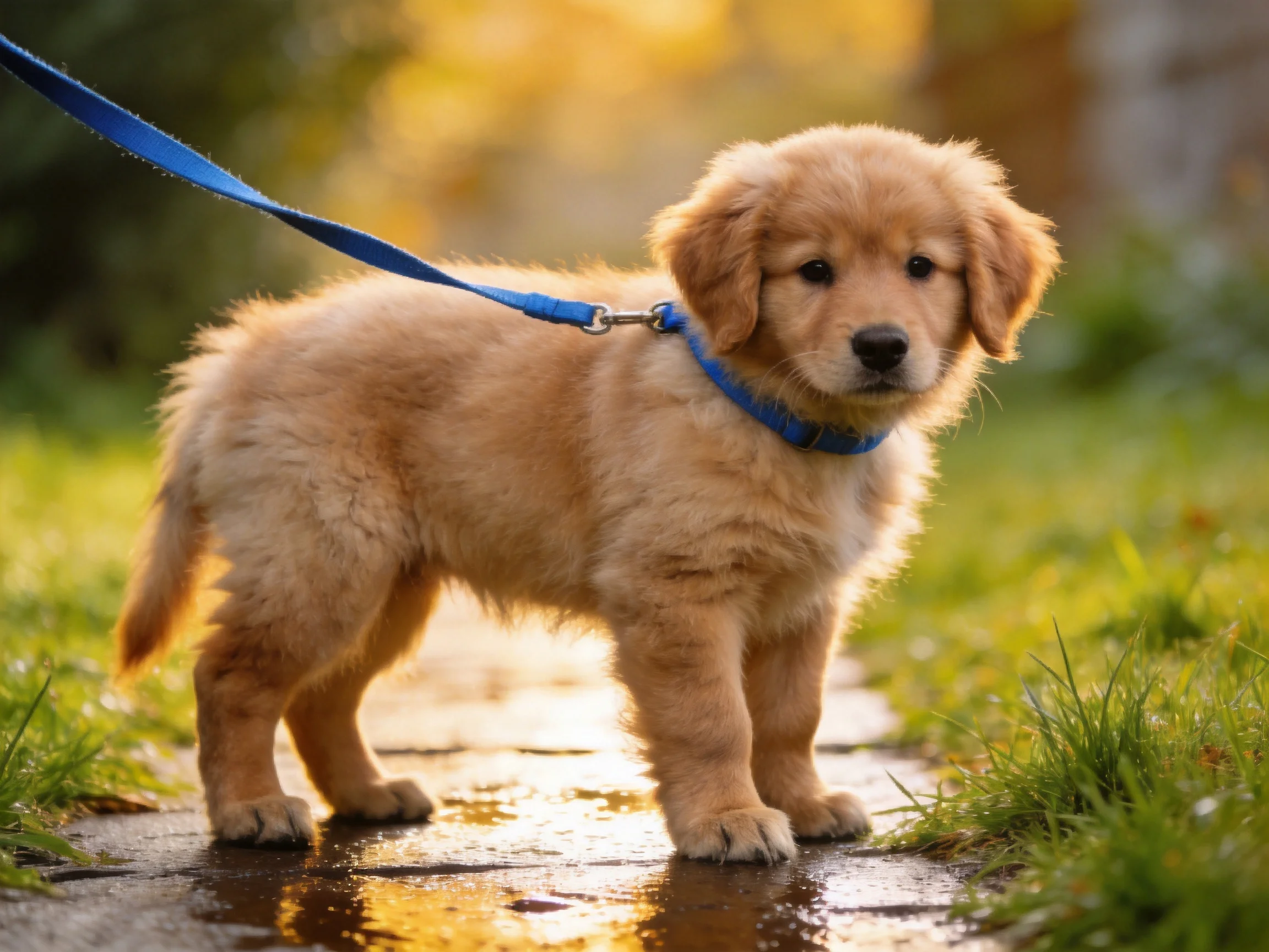 A golden retriever puppy with a blue leash stands on a wet path in bright sunlight.