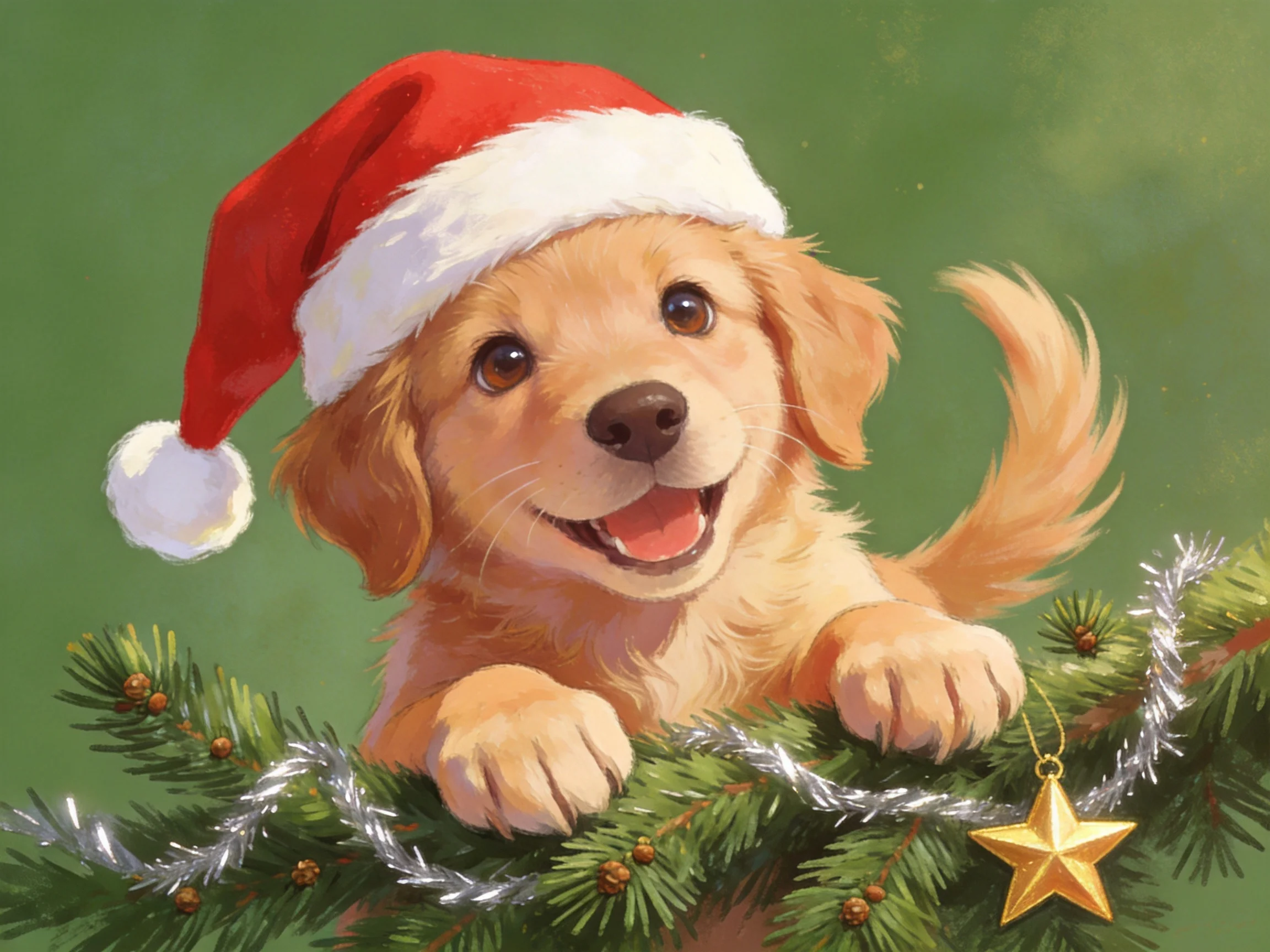 A golden retriever puppy wears a red Santa hat on a decorated Christmas branch