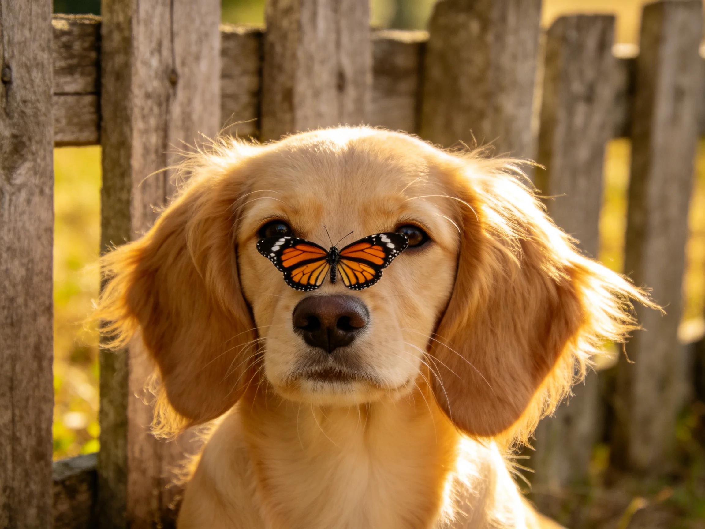 A golden retriever puppy has a monarch butterfly on its eye next to a wooden fence