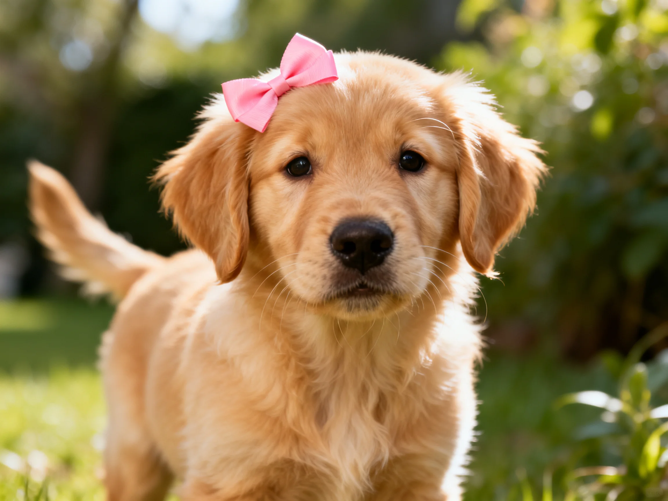 A golden retriever puppy wearing a pink bow is in a sunlit garden.