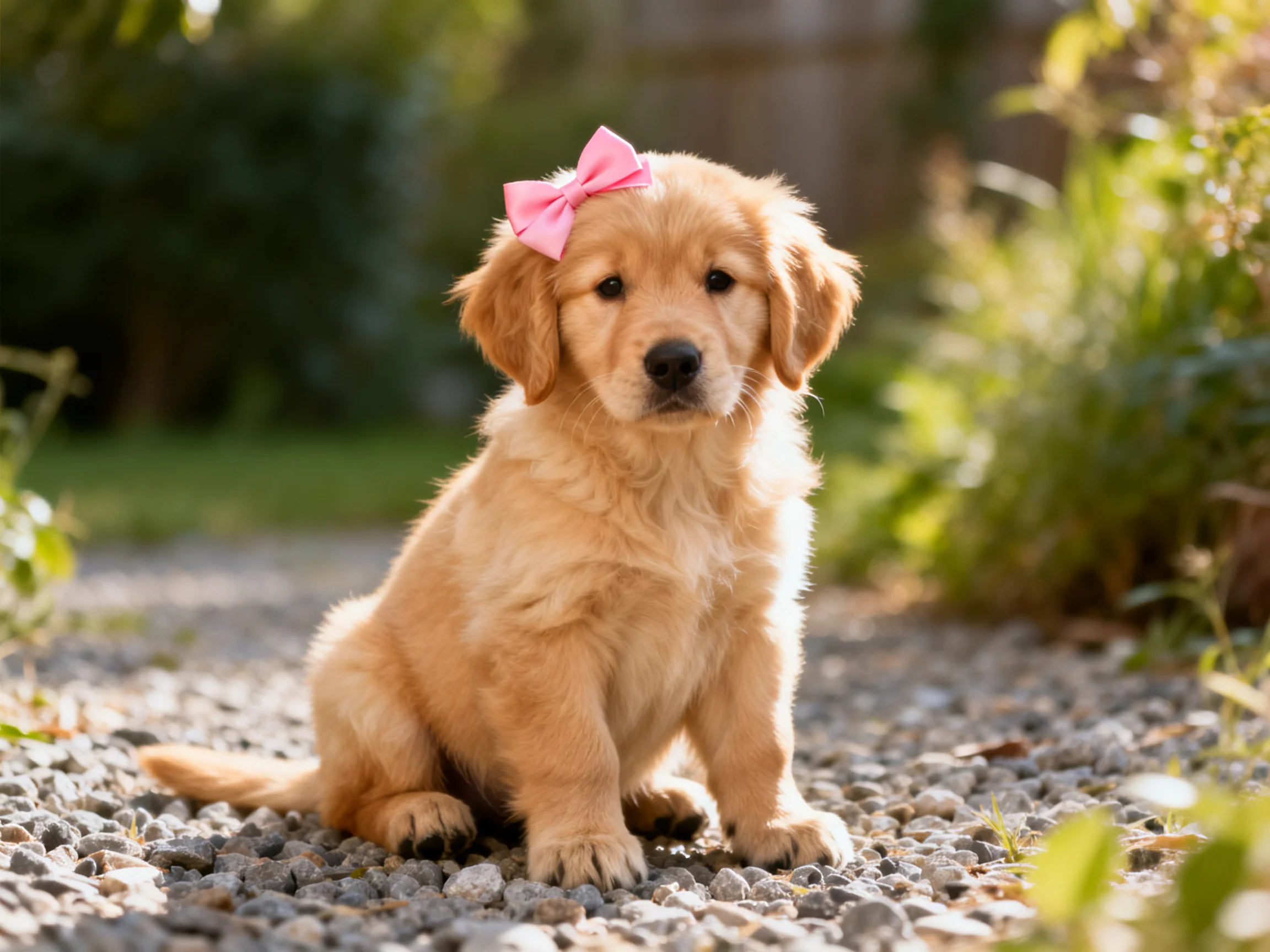 A golden retriever puppy with a pink bow sits on a gravel path outdoors.