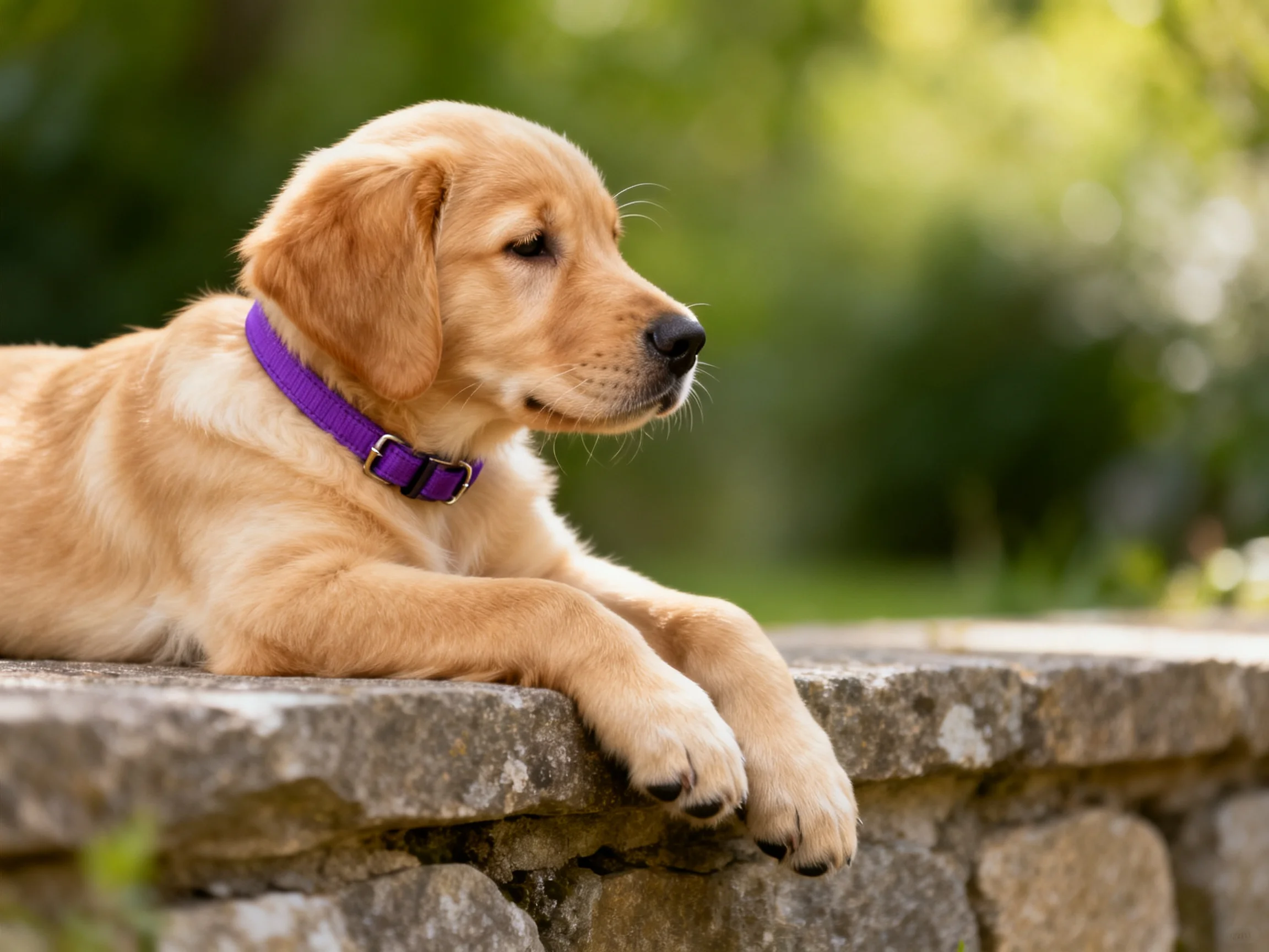 A golden retriever puppy with a purple collar relaxes on a stone ledge in a sunlit outdoor setting.
