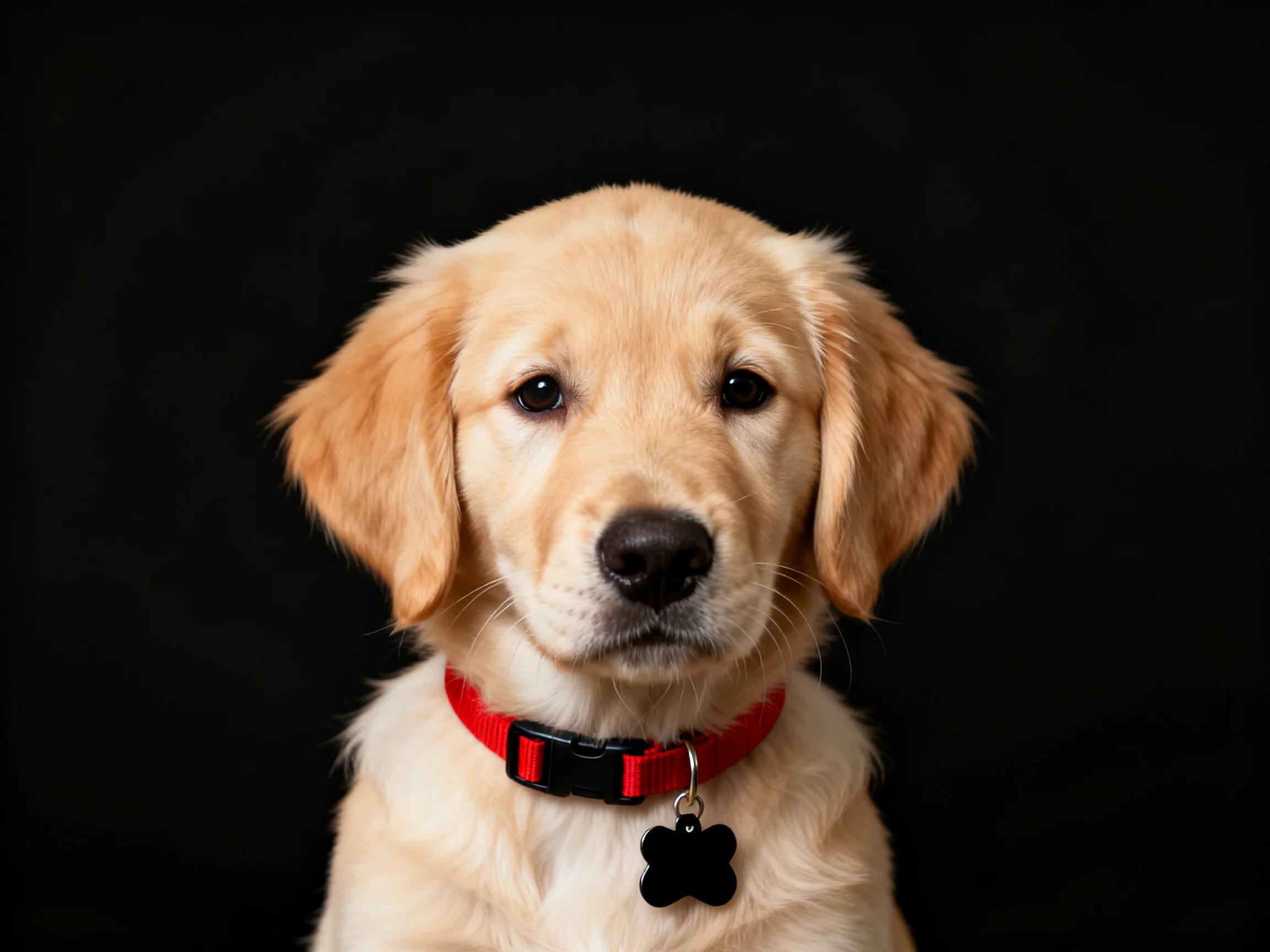 A golden retriever puppy with a red collar is displayed against a solid black background.
