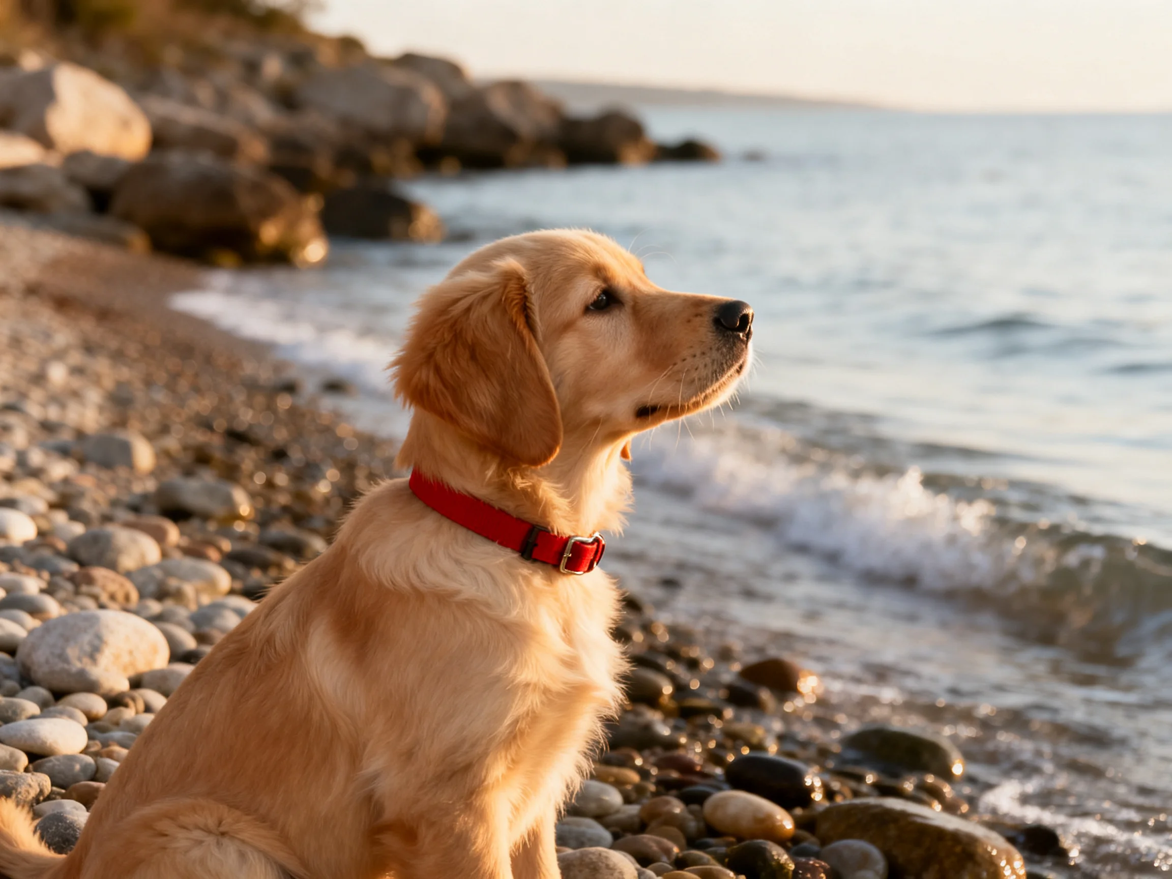 A golden retriever puppy sits on a pebbly beach near the water.