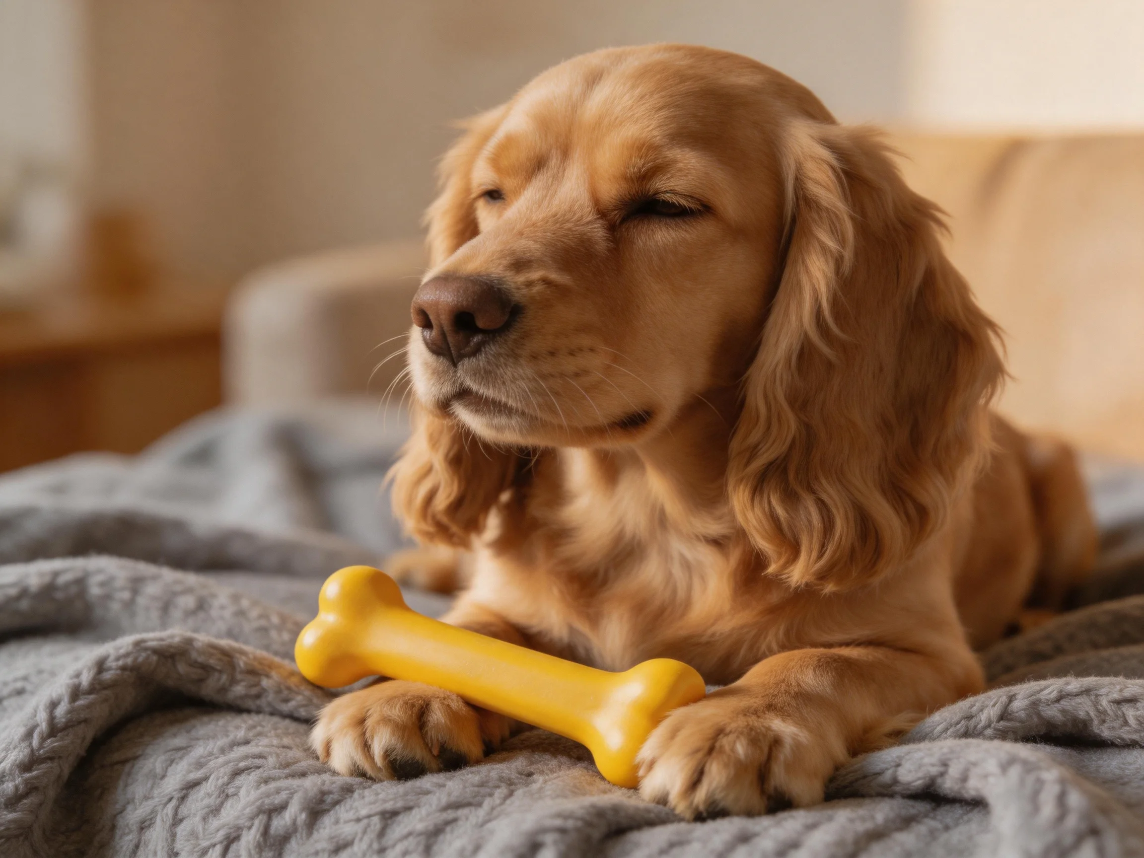A golden retriever puppy rests with a yellow bone toy on a gray blanket
