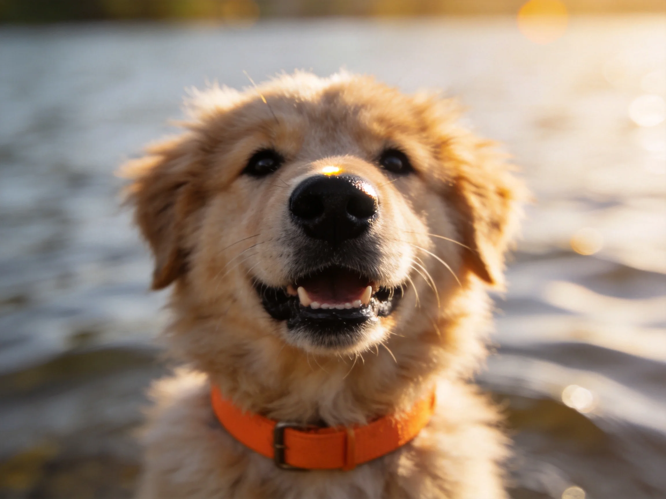 A cheerful golden retriever puppy with an orange collar enjoys time in water