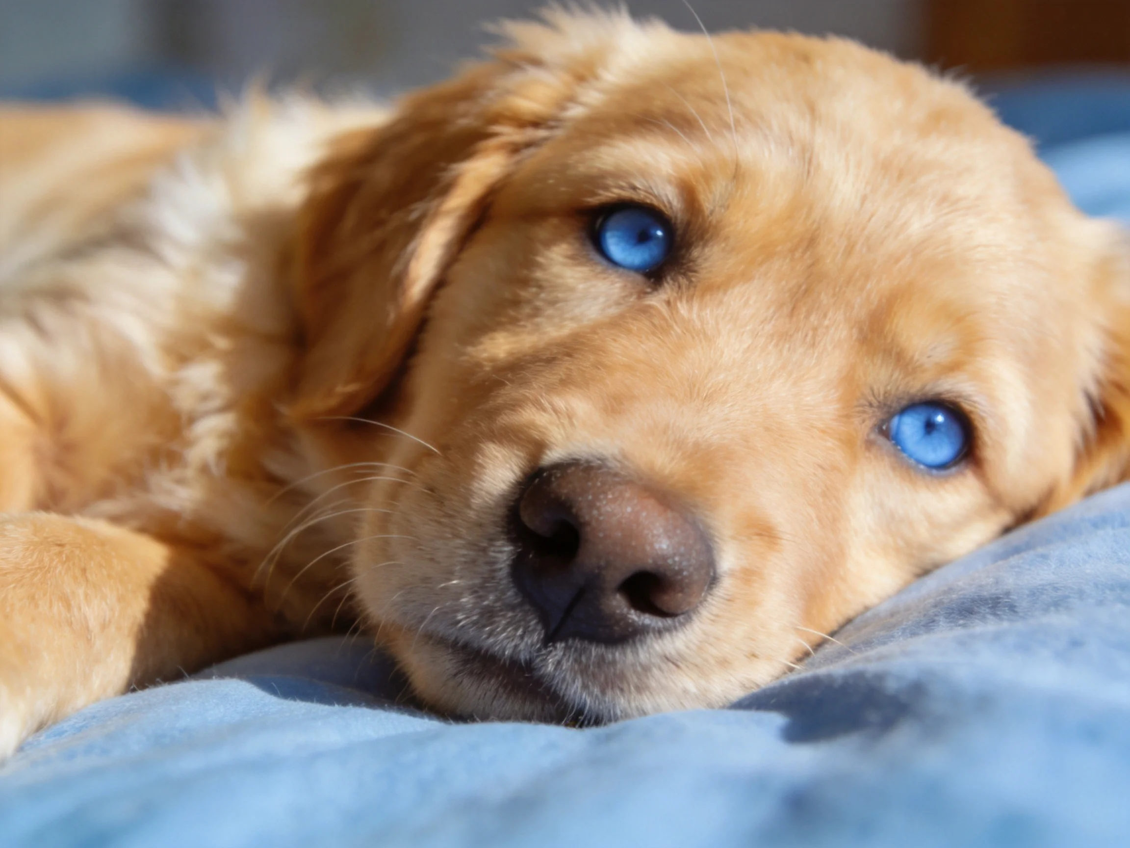 A golden retriever puppy with bright blue eyes rests on a soft blue fabric