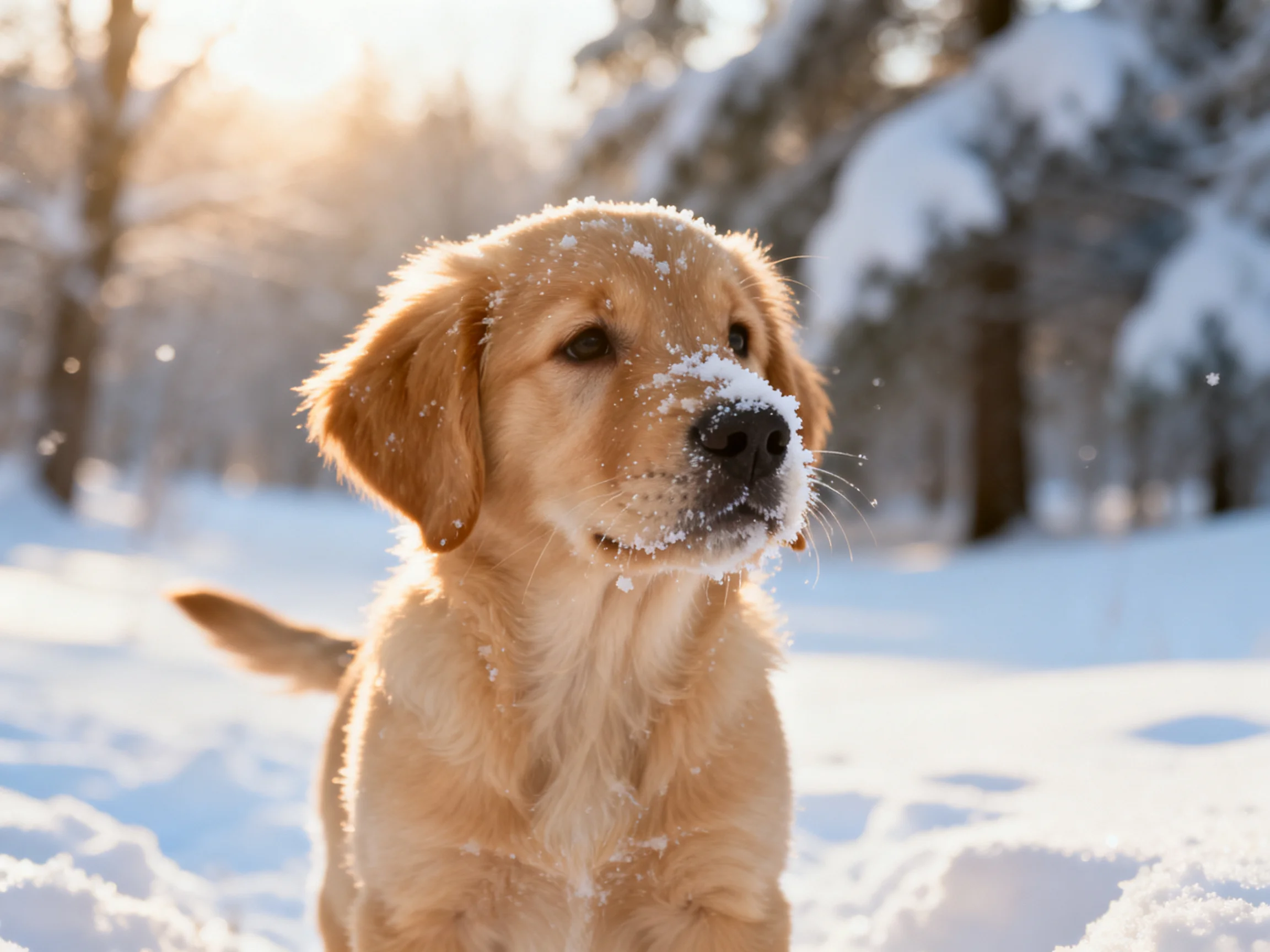 A golden retriever puppy stands in snow with snow on its face.
