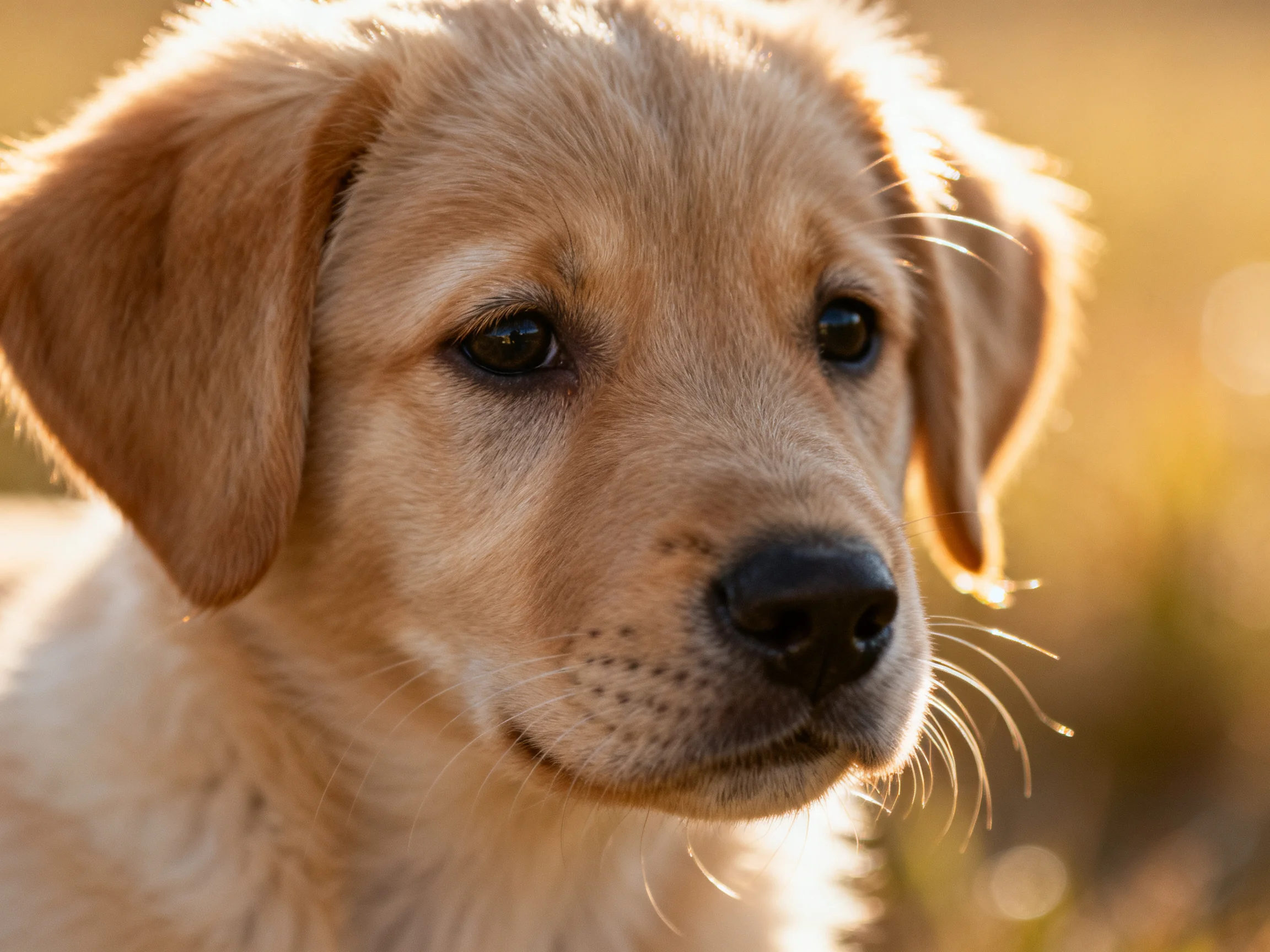 A golden retriever puppy is highlighted by warm sunlight outdoors.