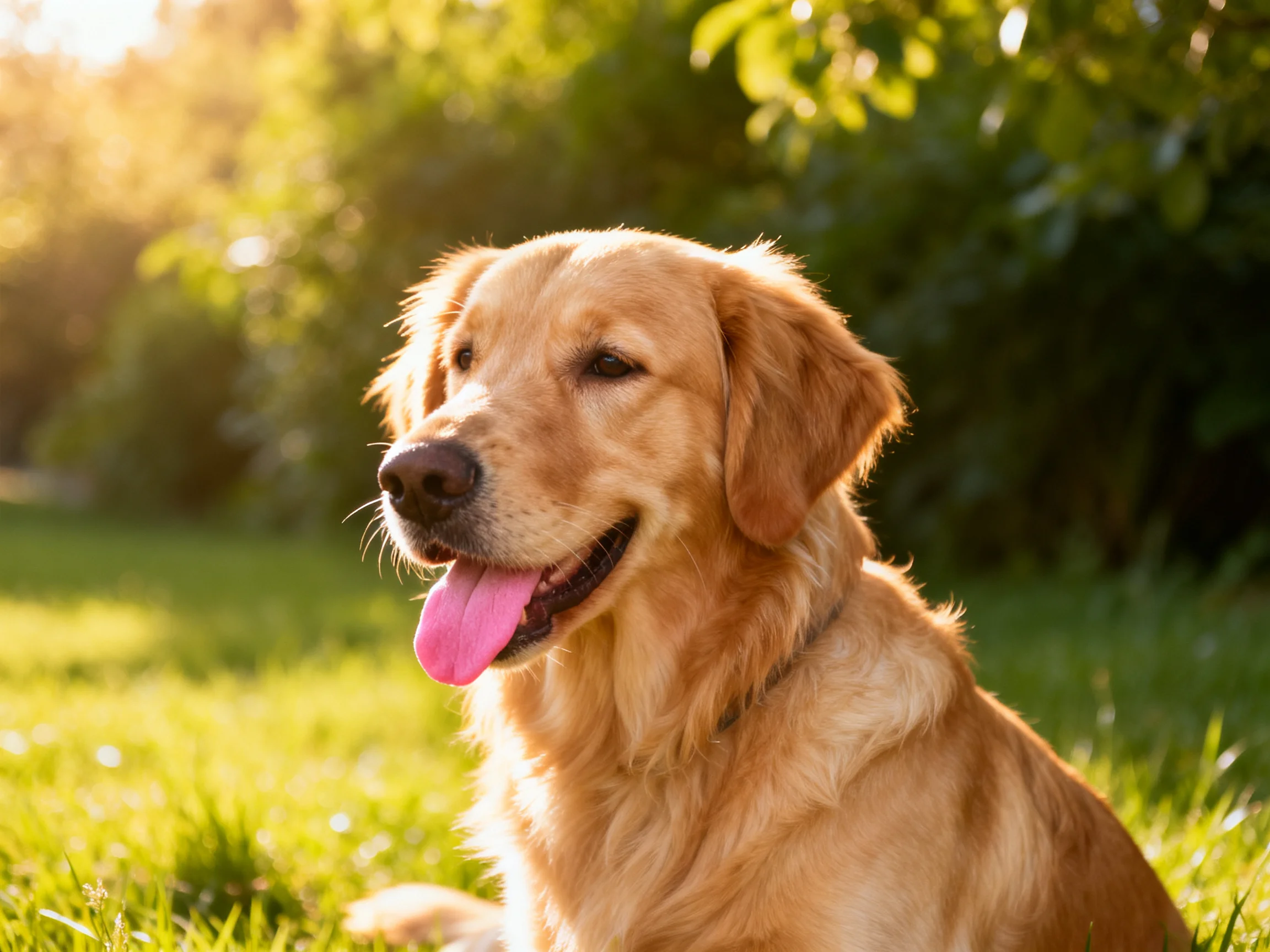 A golden retriever relaxes in a sun-drenched grassy area with green surroundings