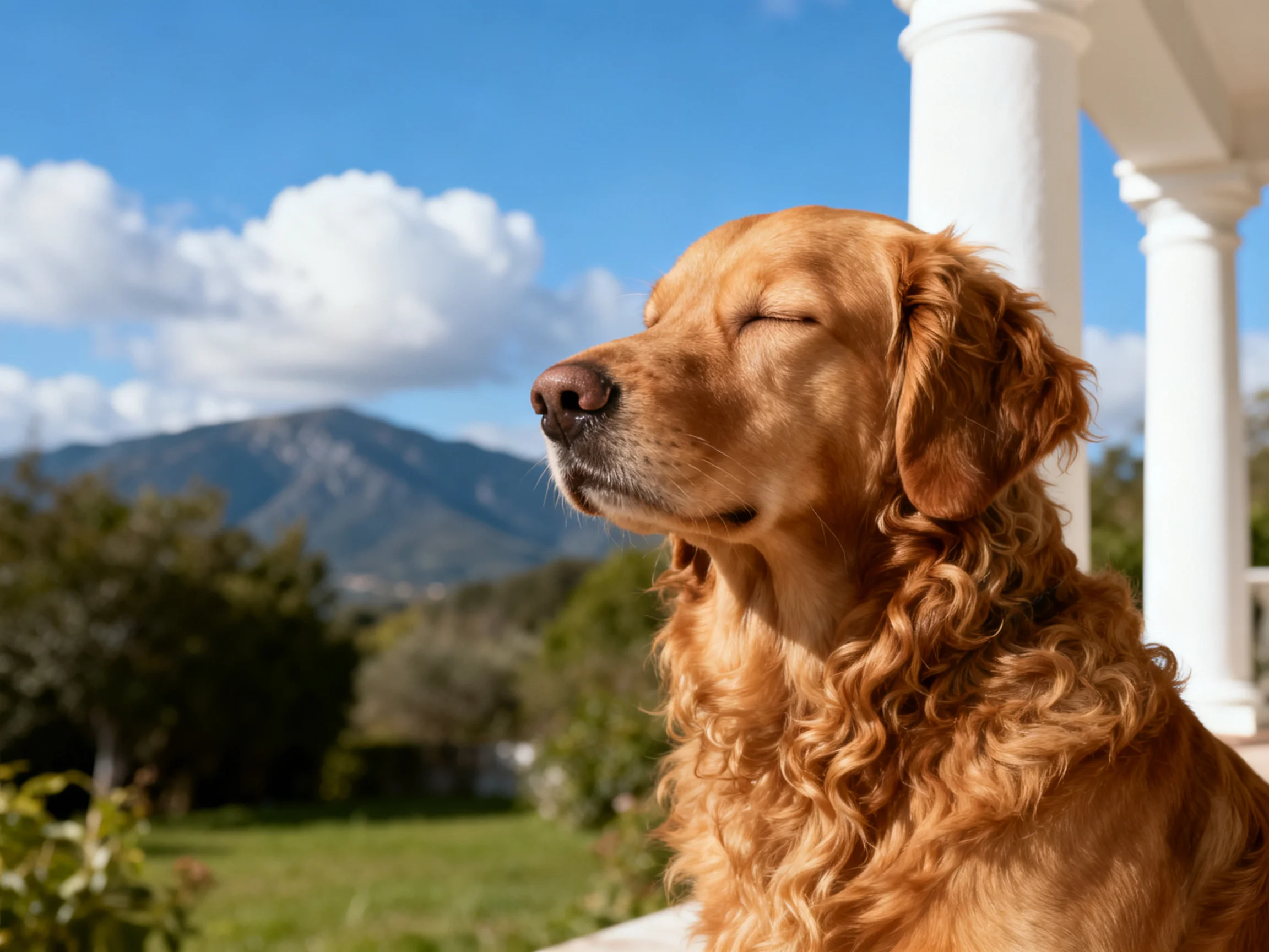 A golden retriever relaxes outdoors near white columns with mountain views.