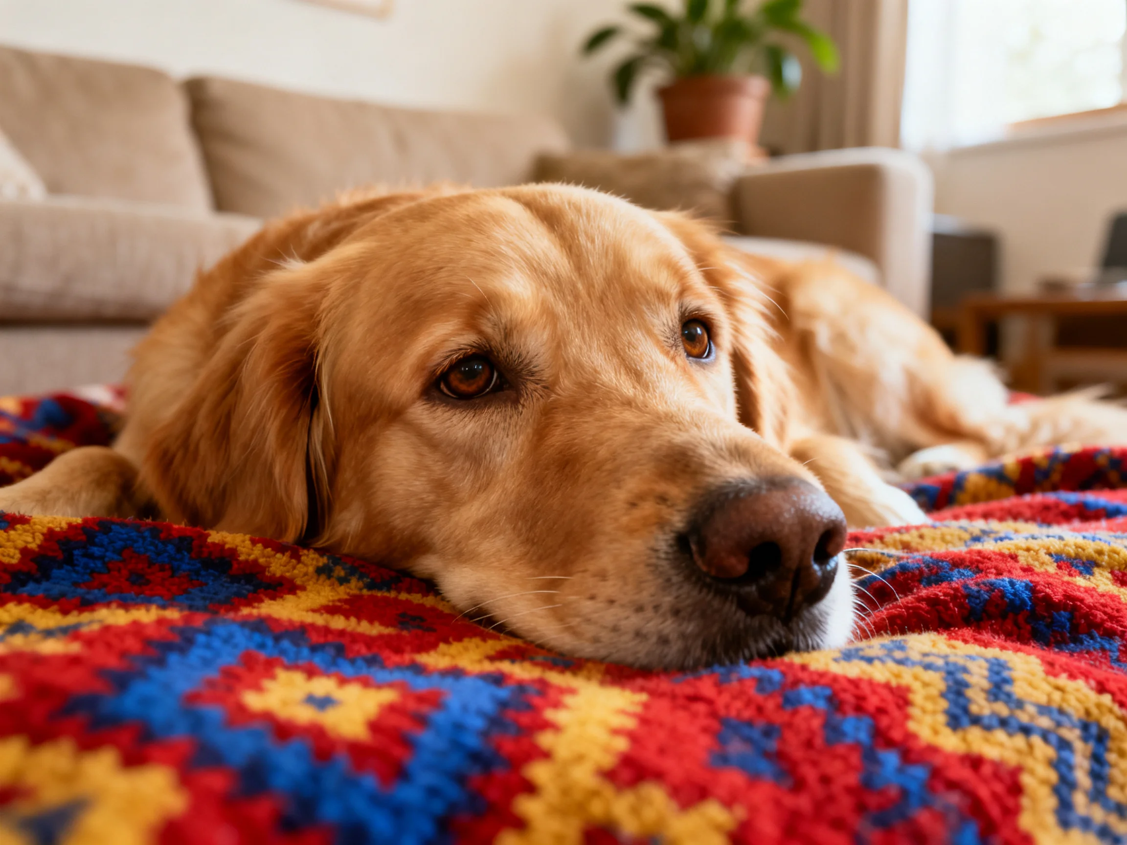 A golden retriever relaxes on a colorful patterned blanket in a cozy living room