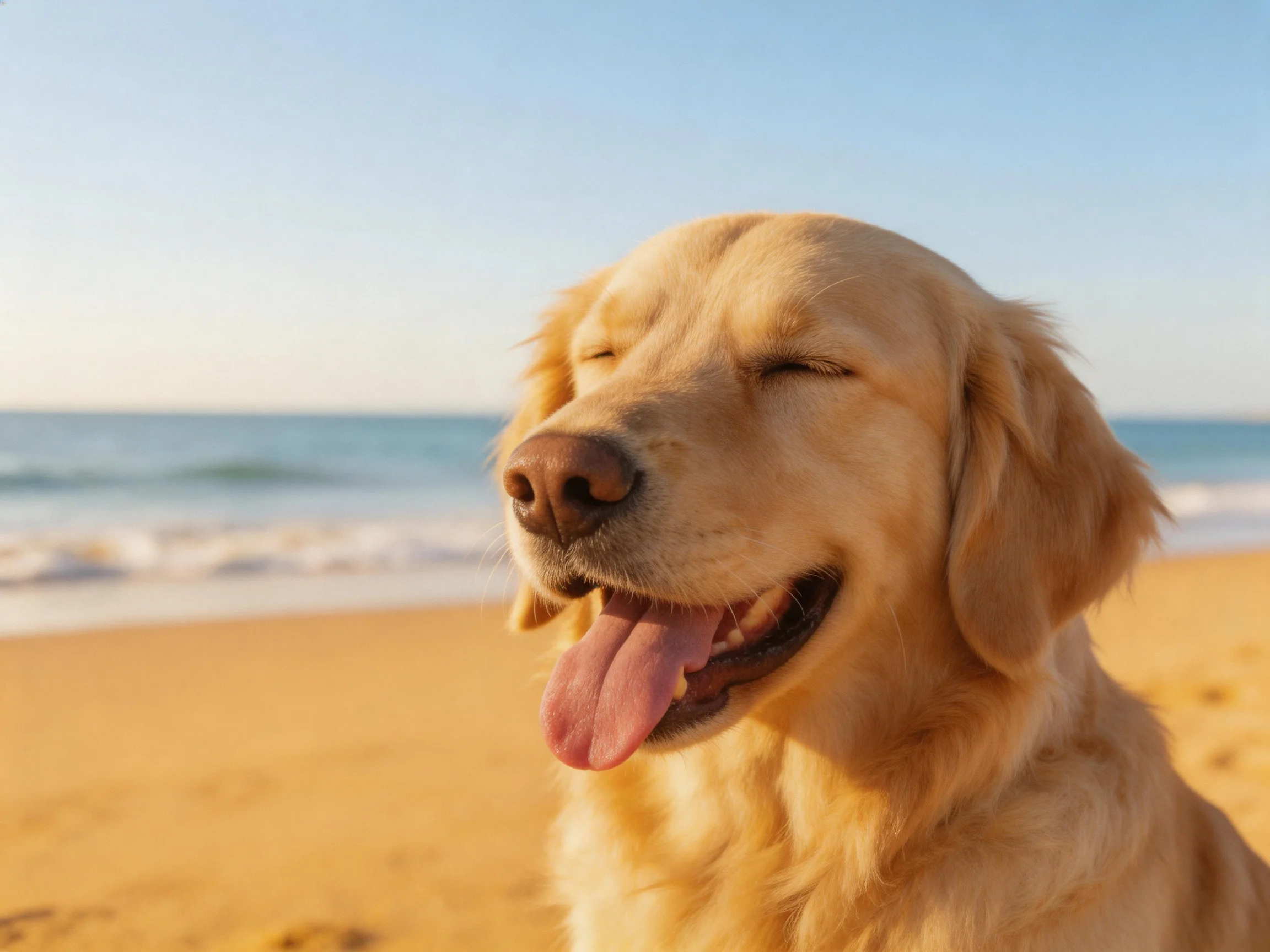A golden retriever relaxes on a sandy beach near the ocean