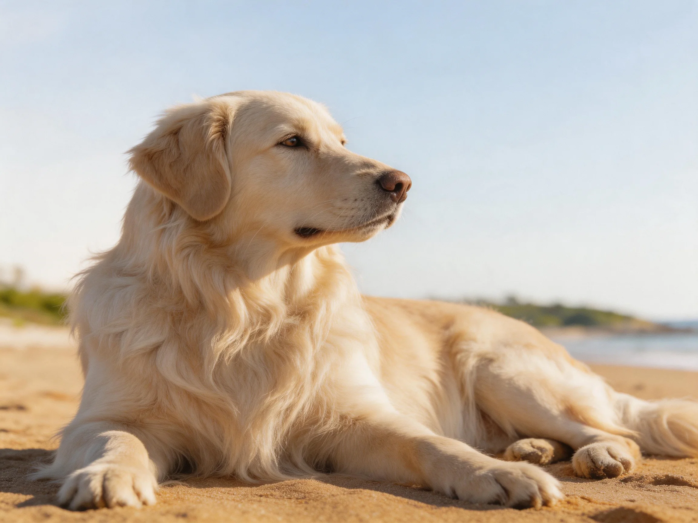 A golden retriever relaxes on a sunlit sandy beach