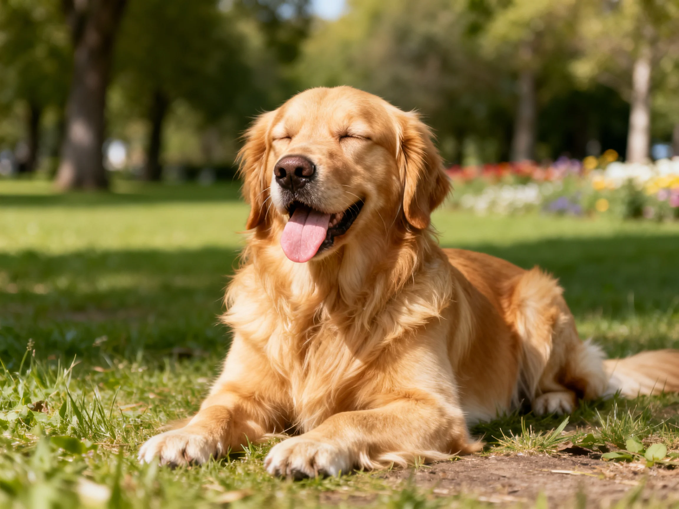 A golden retriever resting contentedly in a sunlit park