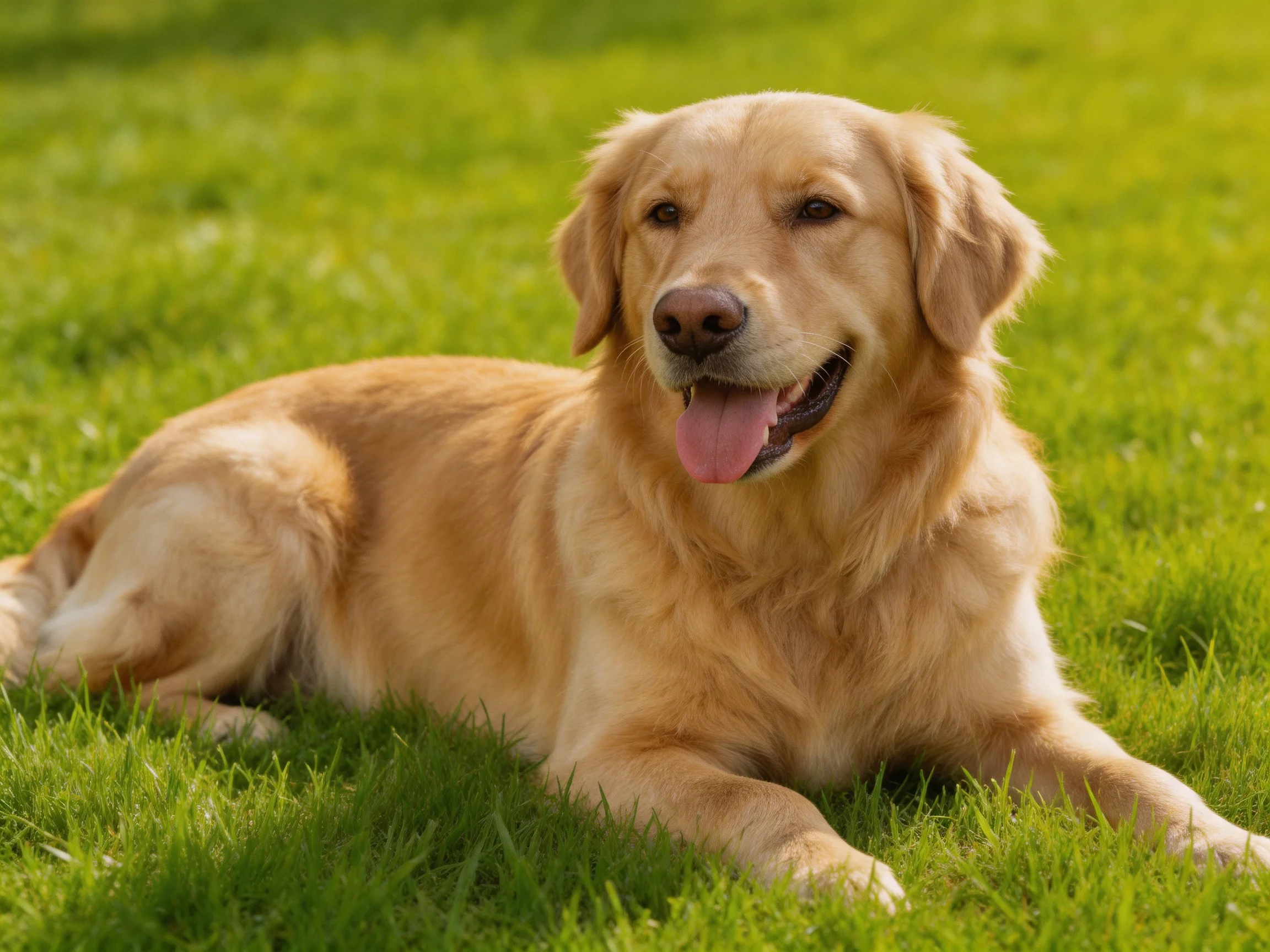 A golden retriever relaxes on lush green grass in a peaceful outdoor setting.