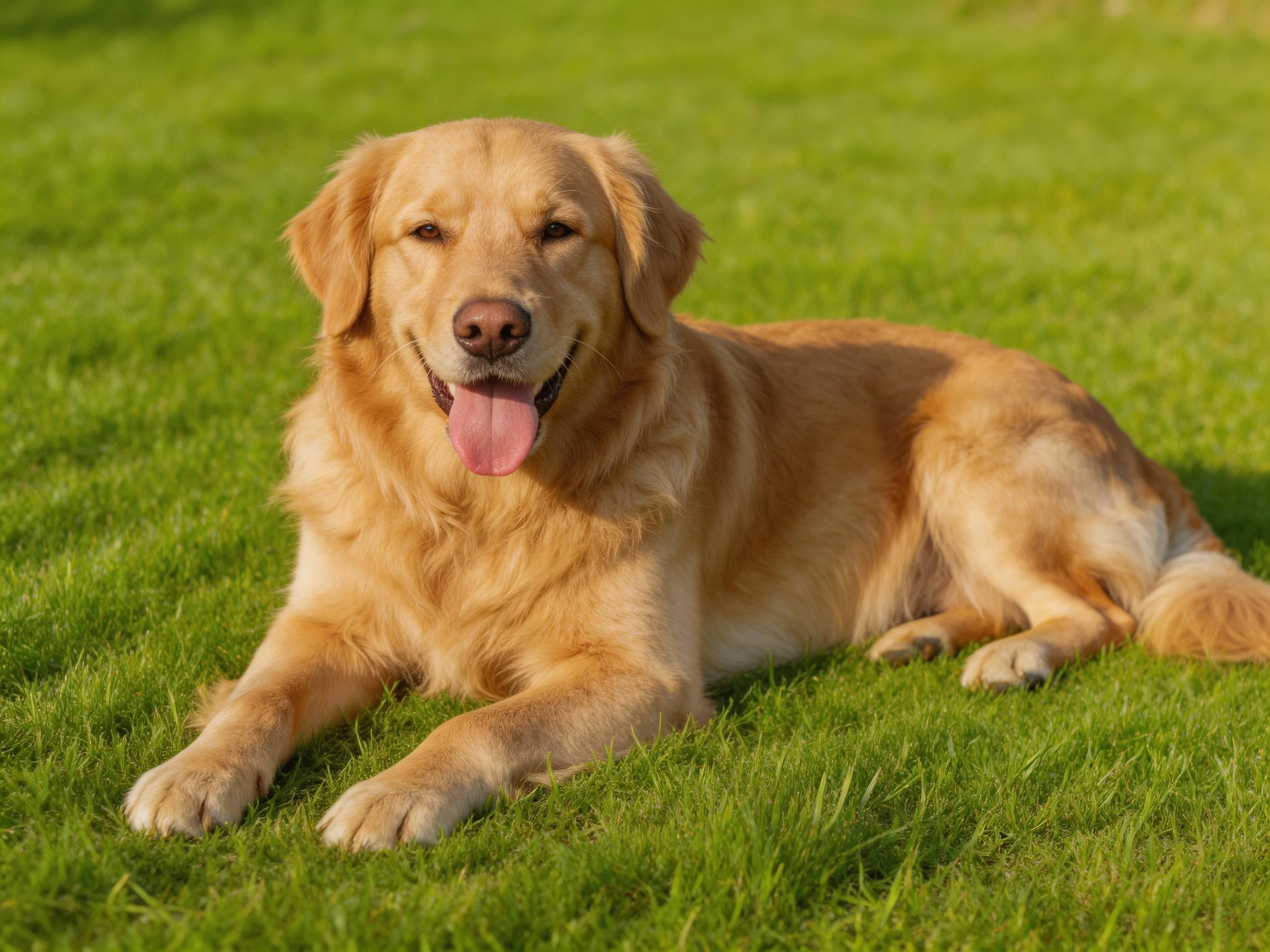 A golden retriever resting contentedly on vibrant green grass