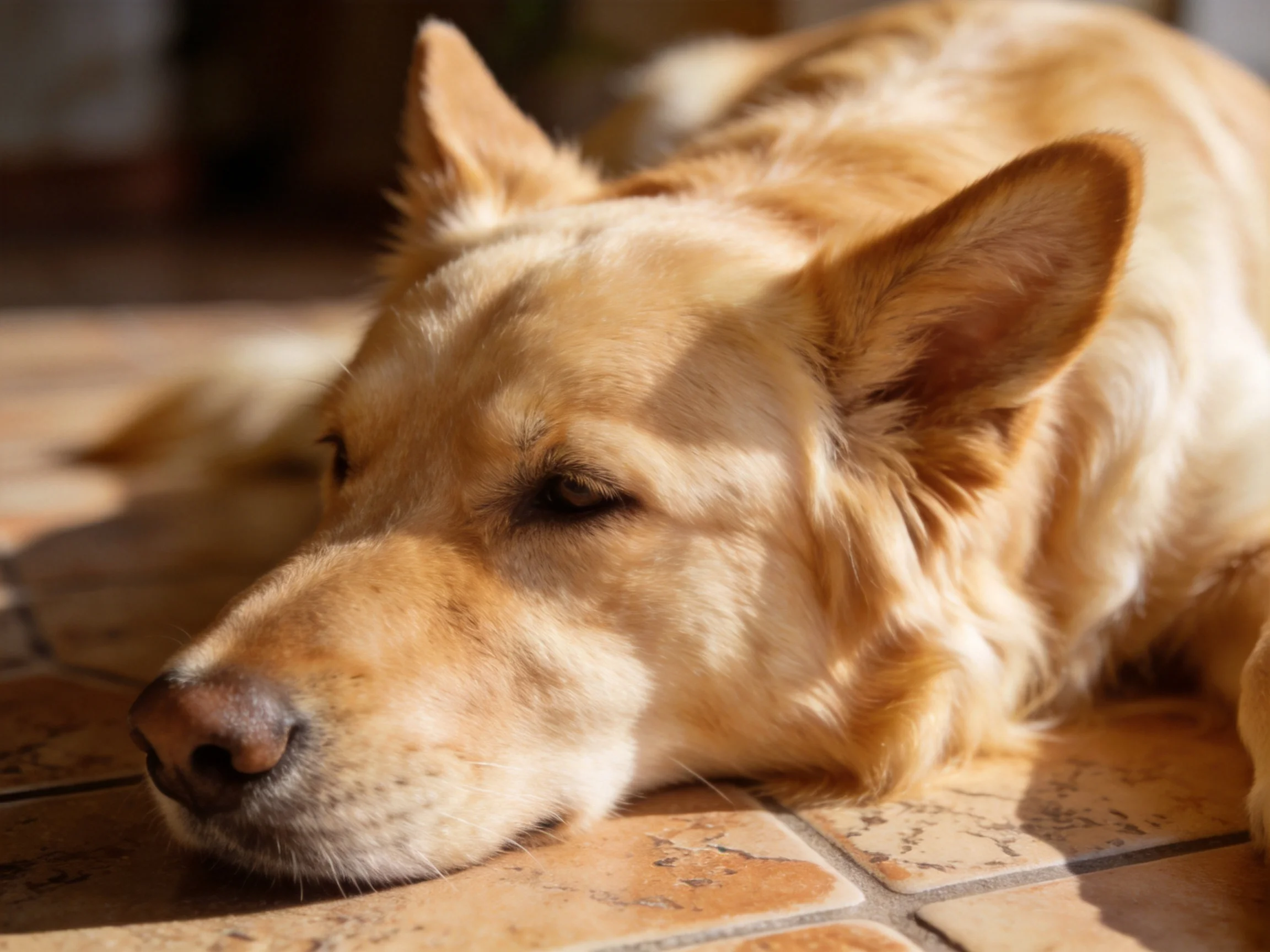 A golden retriever rests calmly on a tiled floor in sunlight.