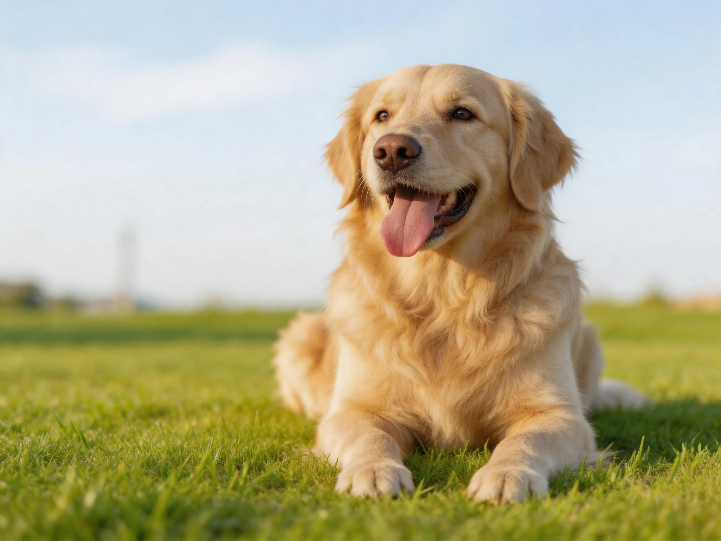 A golden retriever relaxes on a grassy field.