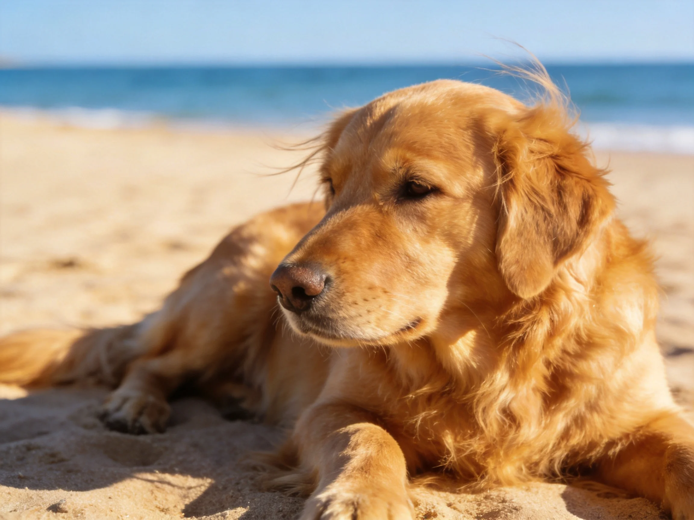A golden retriever resting on sun-kissed sandy beach by blue ocean