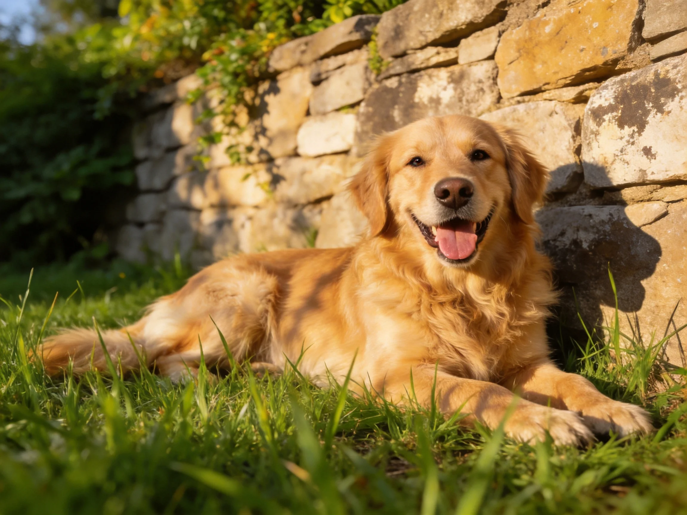 A golden retriever rests against an old stone wall amid lush green grass