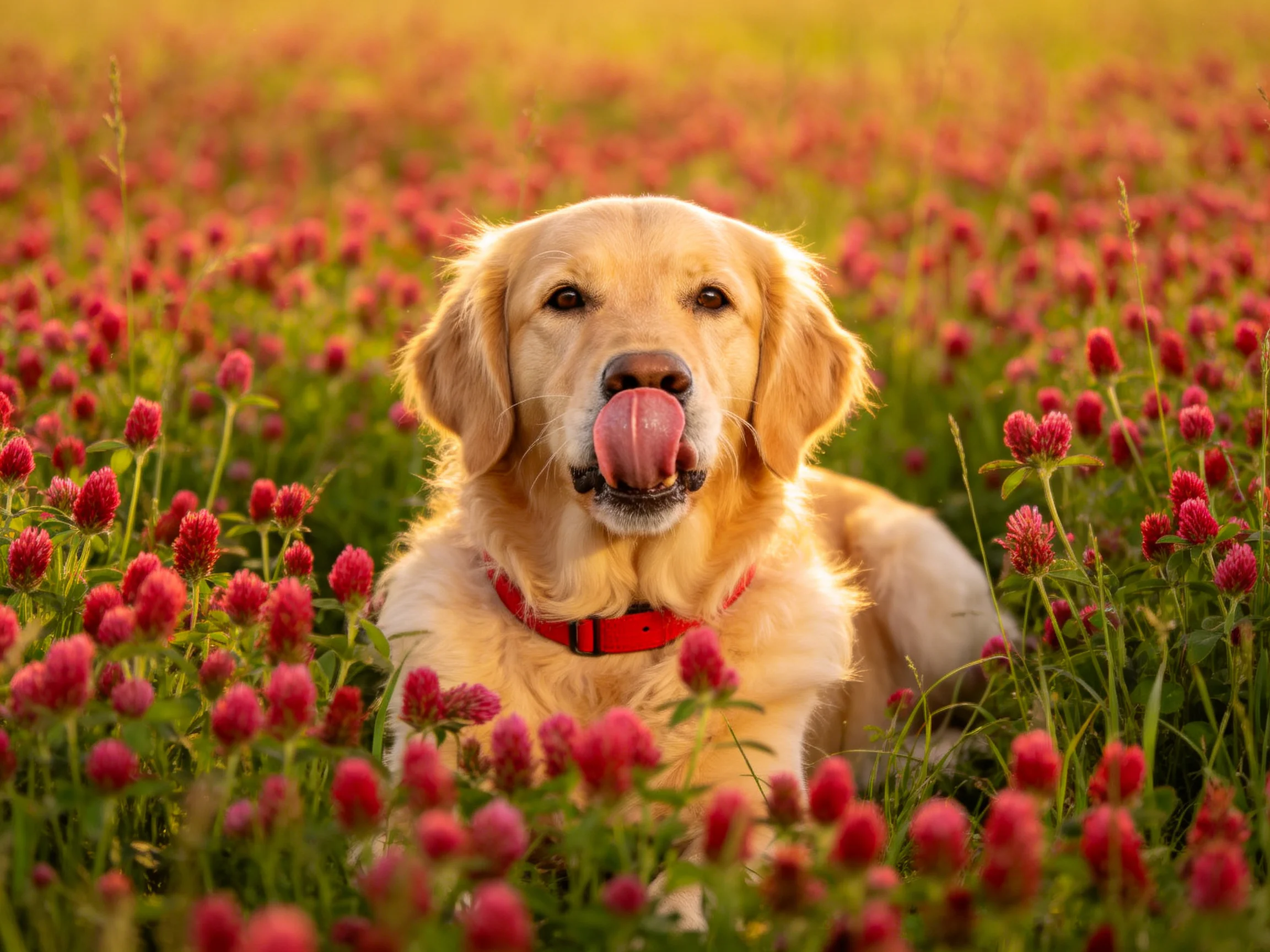 A golden retriever relaxes in a sunlit field filled with pink clover.
