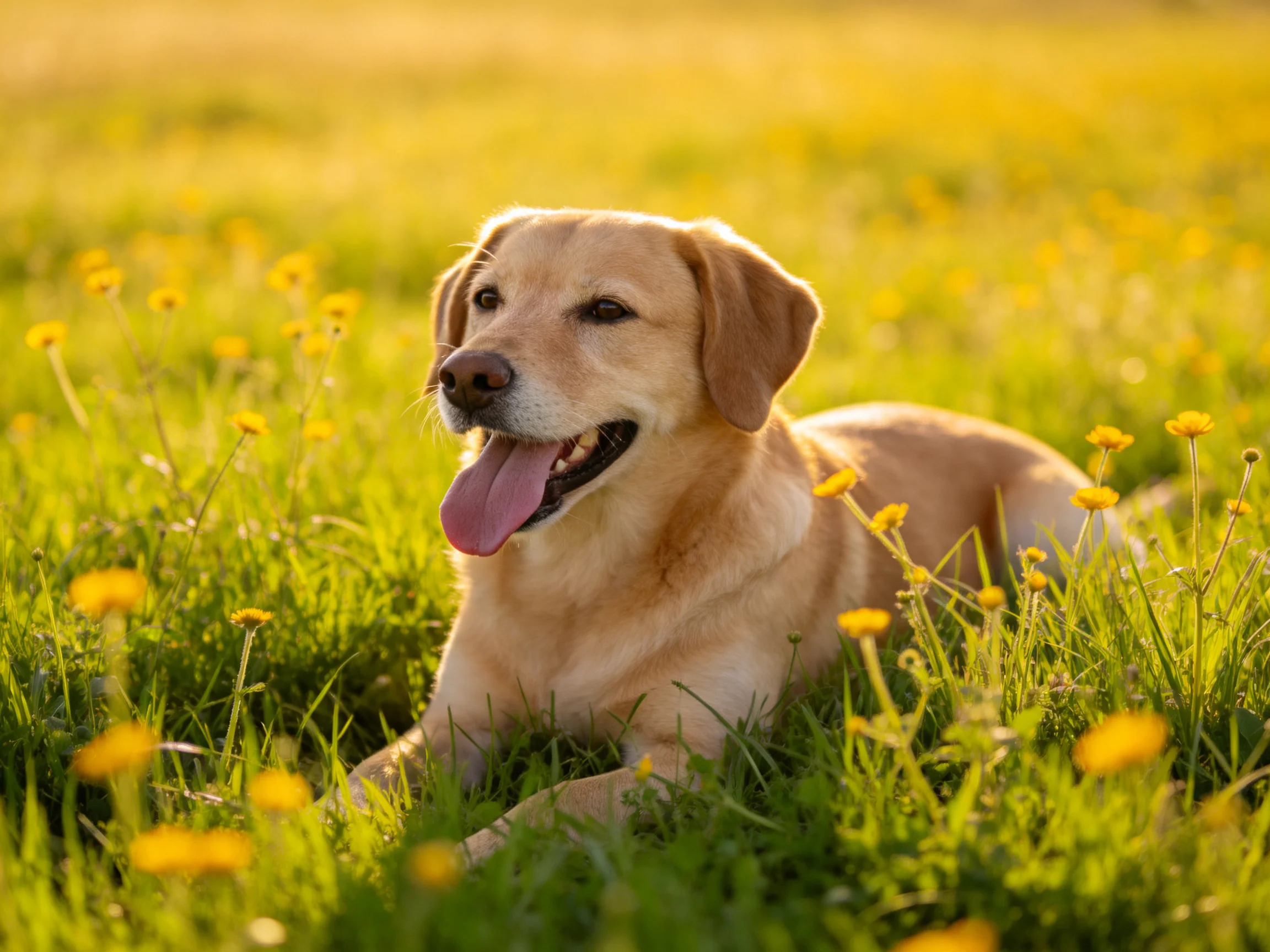 A golden retriever relaxes in a sunlit meadow surrounded by yellow wildflowers