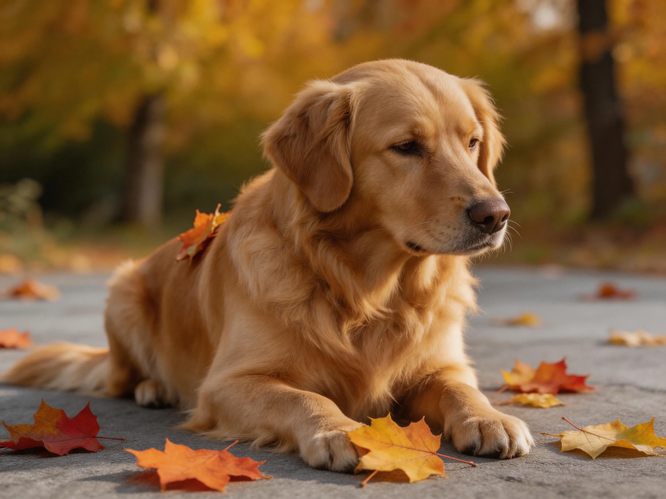 A golden retriever lies peacefully amid fallen autumn leaves in a sunlit outdoor area.