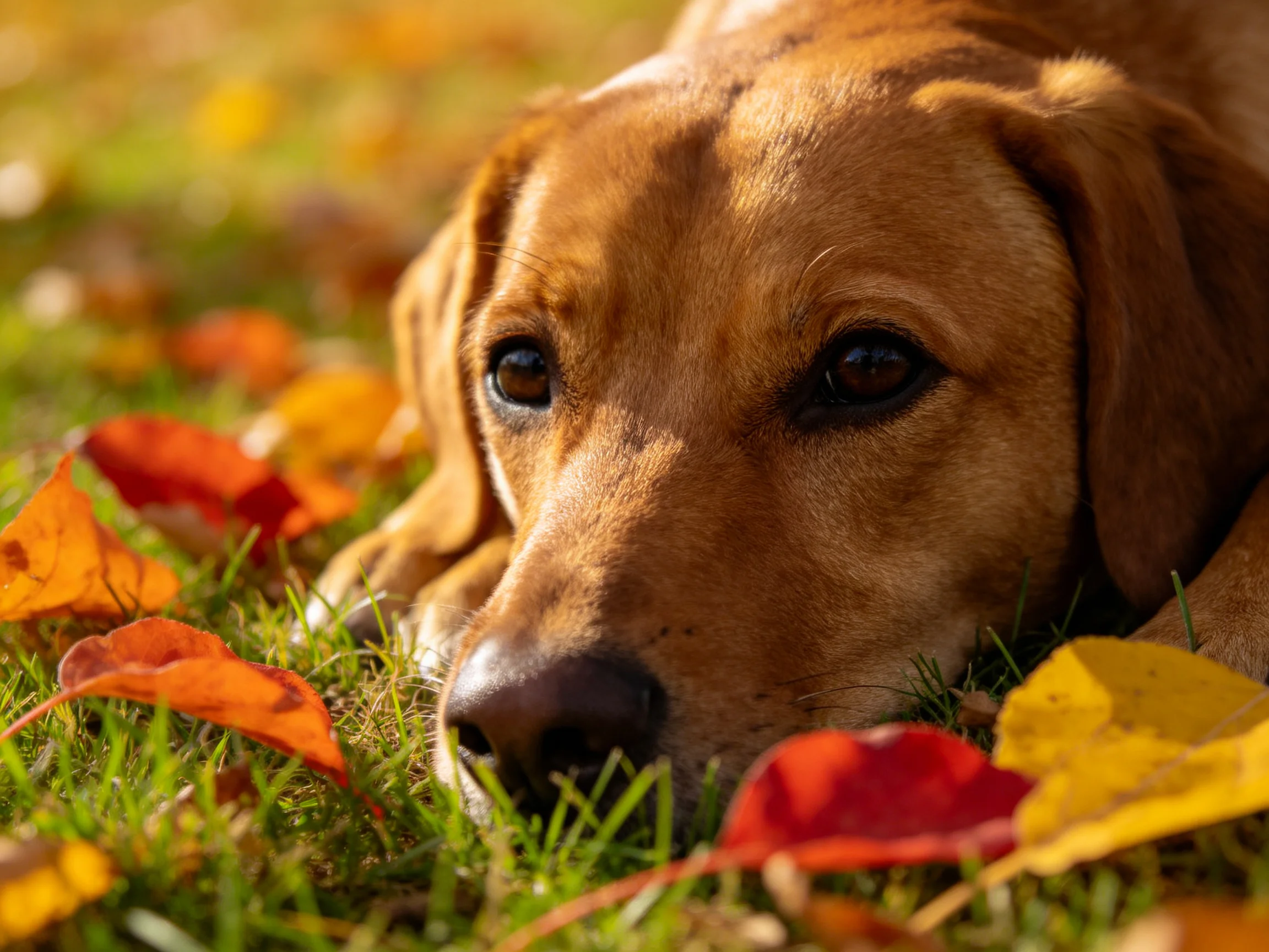 A golden retriever relaxes amid vibrant fallen leaves in a grassy area.