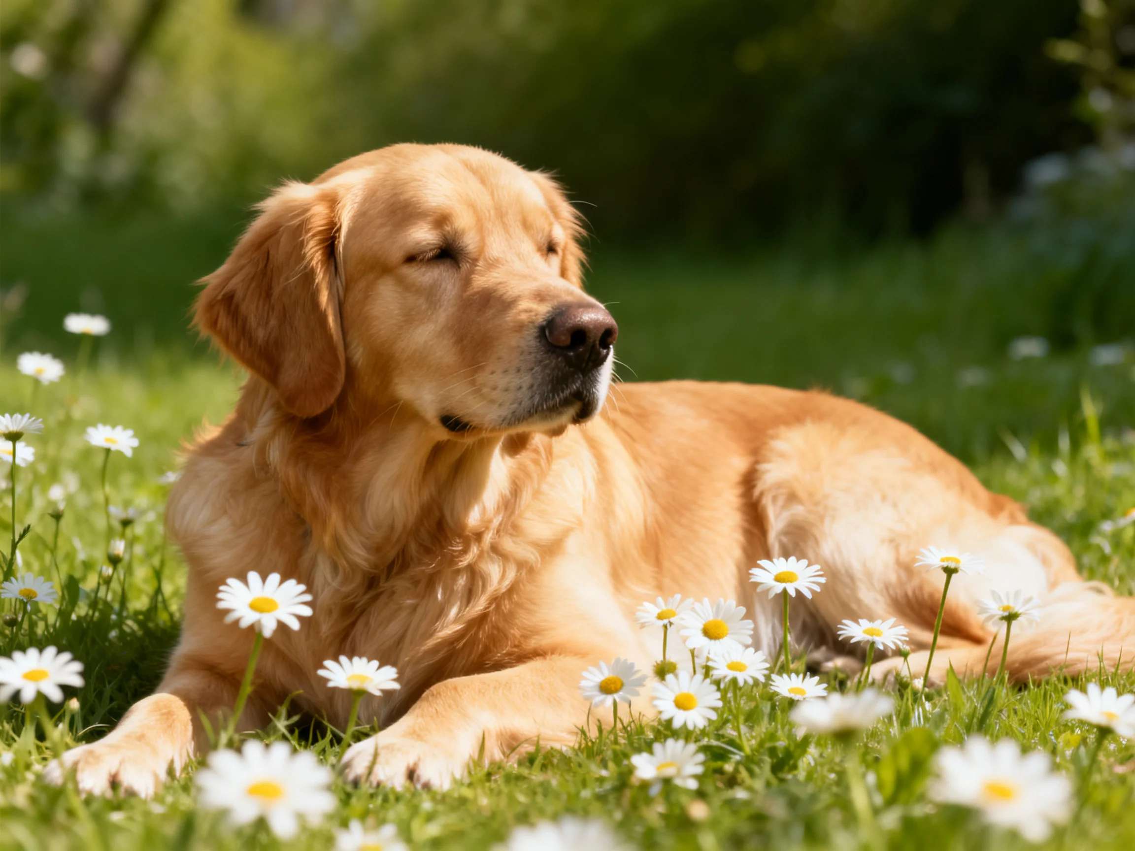 A golden retriever relaxes amid daisies in a sunlit meadow.