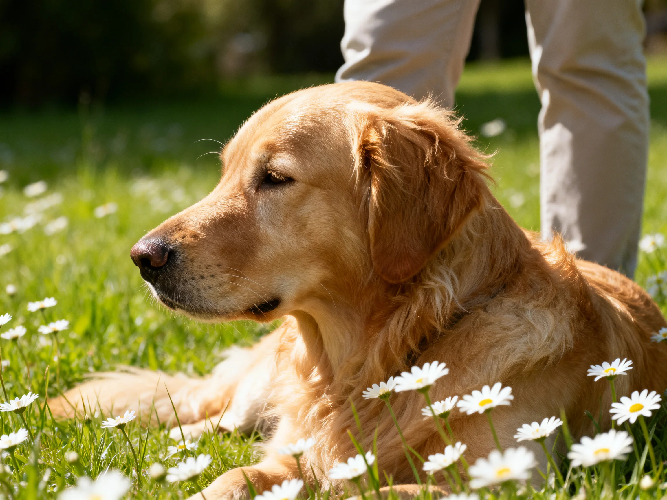 A golden retriever relaxes amid daisies in a sunlit outdoor setting.
