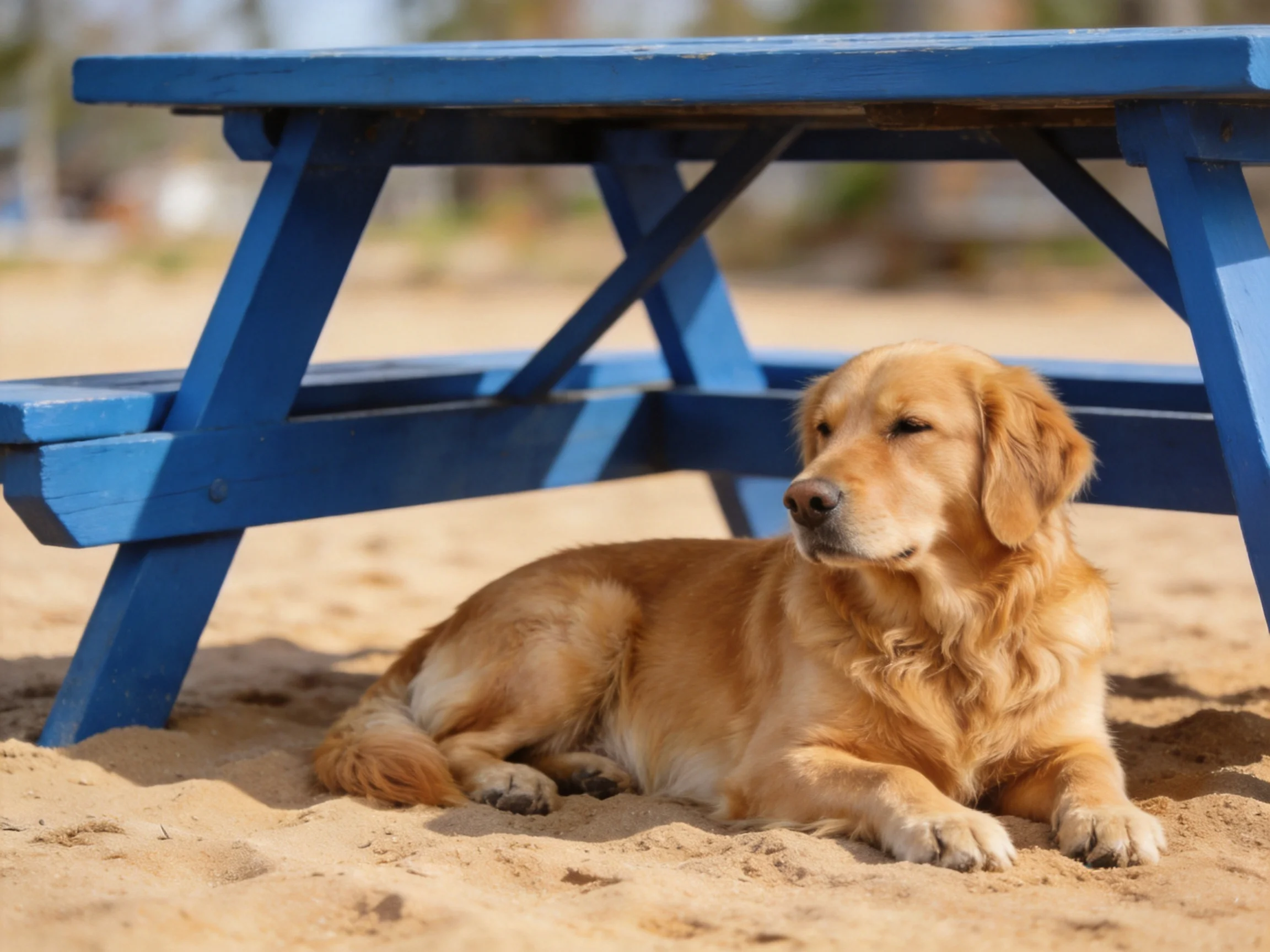 A golden retriever rests beneath a bright blue wooden picnic table on sand