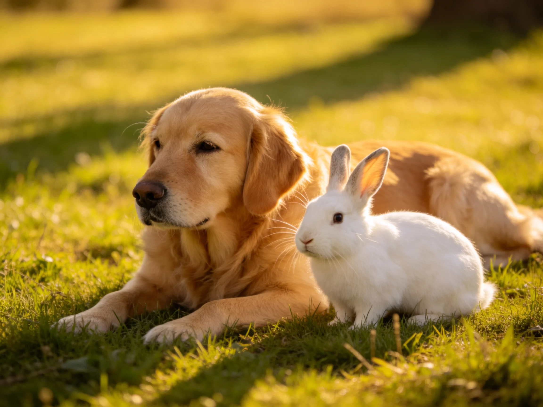 A golden retriever lies next to a white rabbit in a sunlit grassy area.