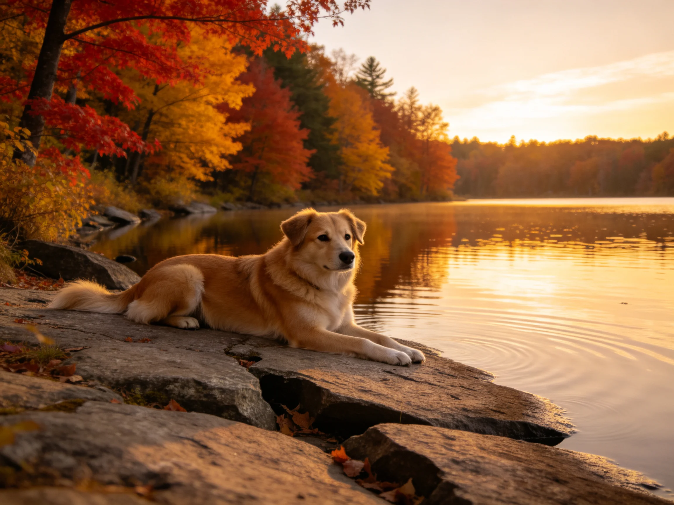 A golden retriever relaxes on rocky shore beside a serene lake during autumn.