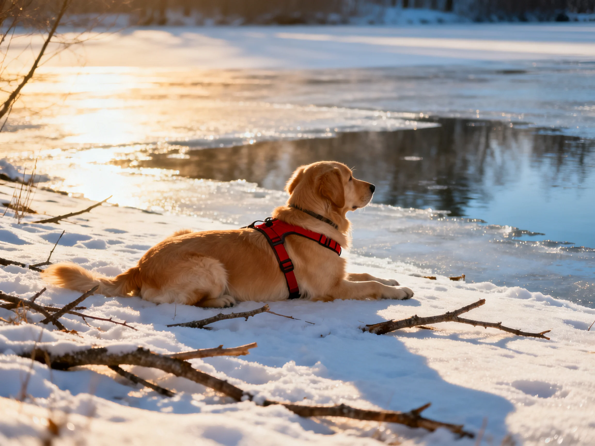 A golden retriever relaxes beside a frozen lake in winter.