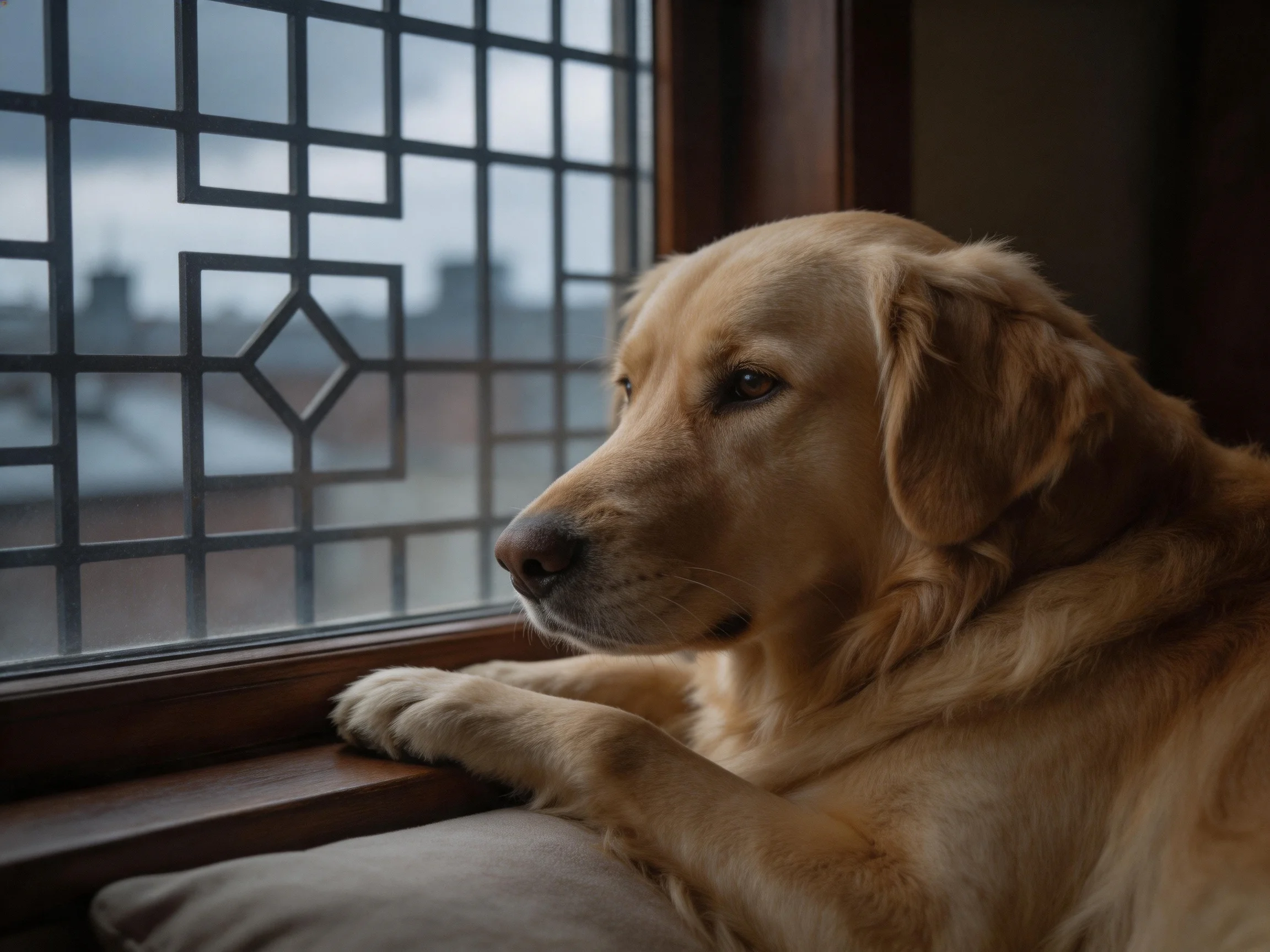 A golden retriever sits near a decorative window on an overcast day.