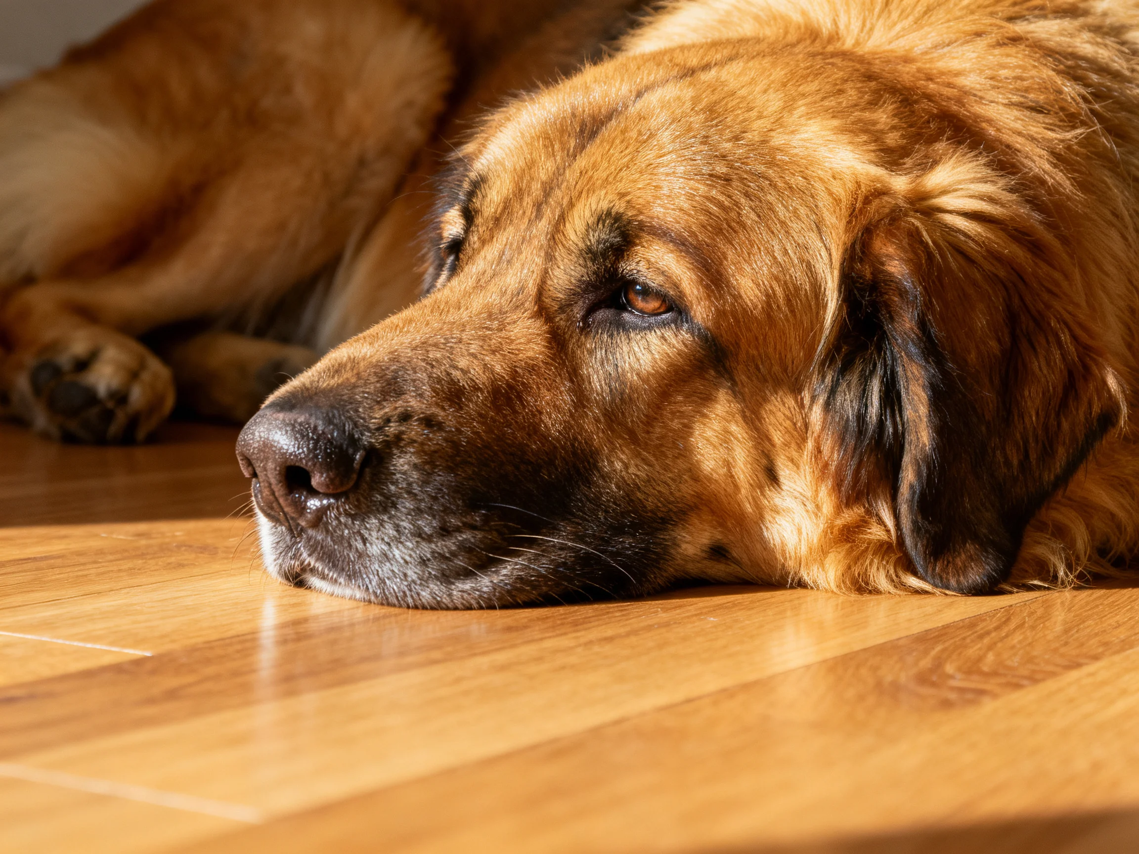 A golden retriever rests comfortably on a polished hardwood floor