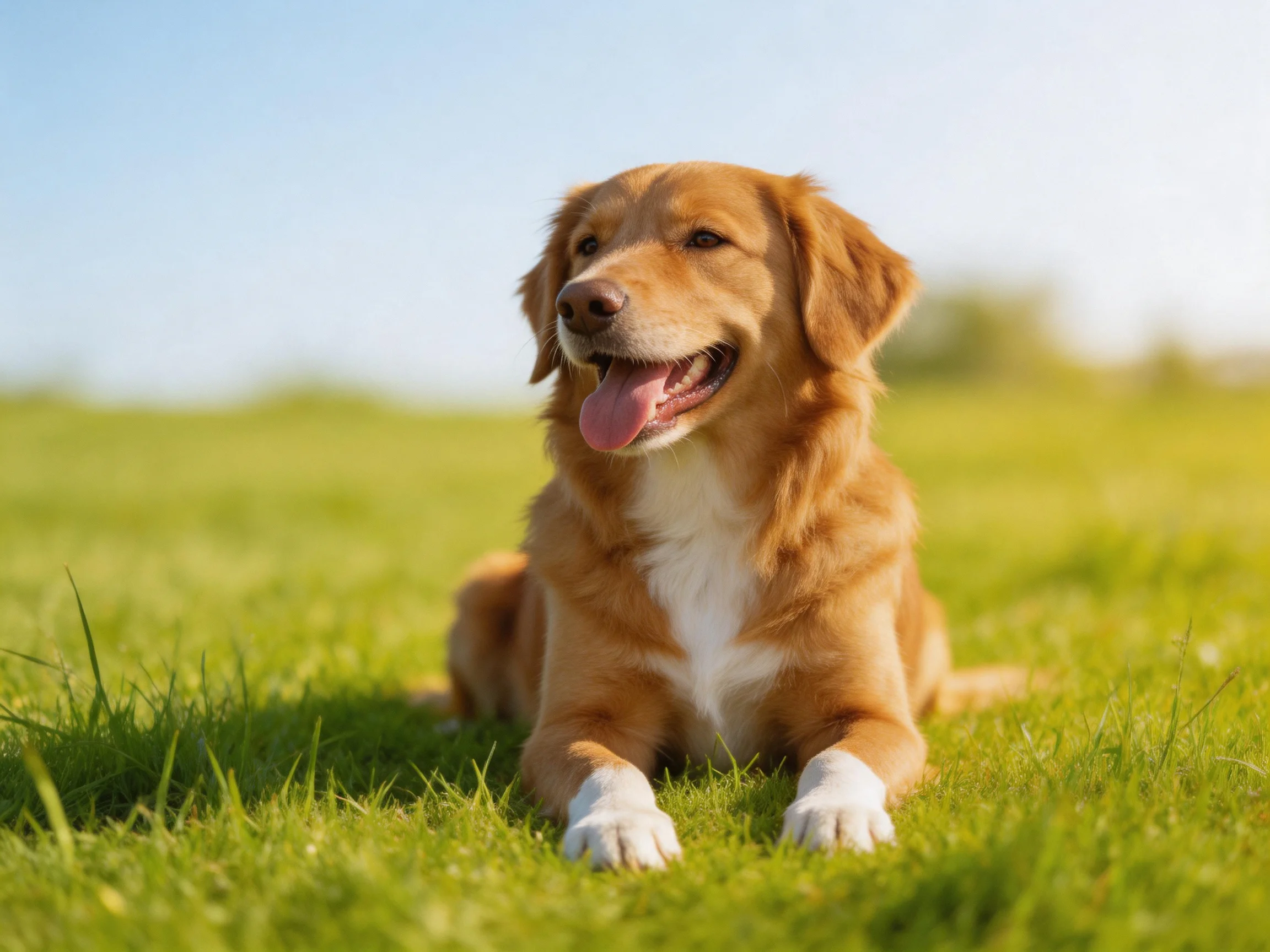 A golden retriever relaxes happily on lush green grass in a sunny field.