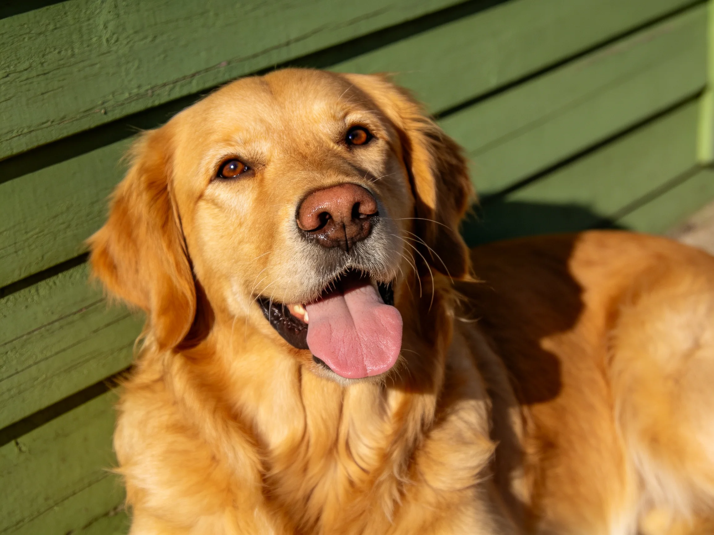 A golden retriever rests happily against a green wooden wall