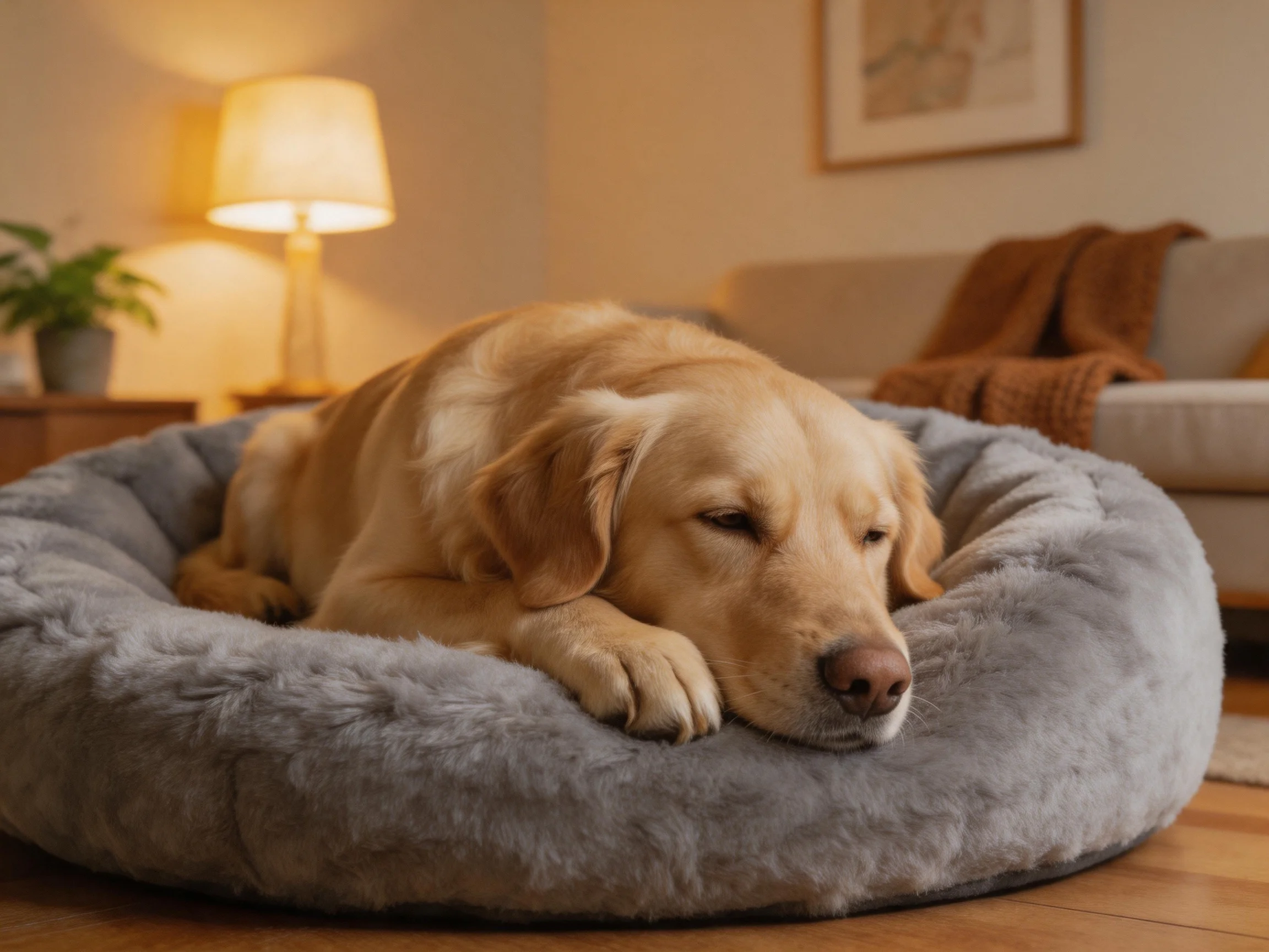 A golden retriever rests in a plush gray dog bed within a warmly lit living room