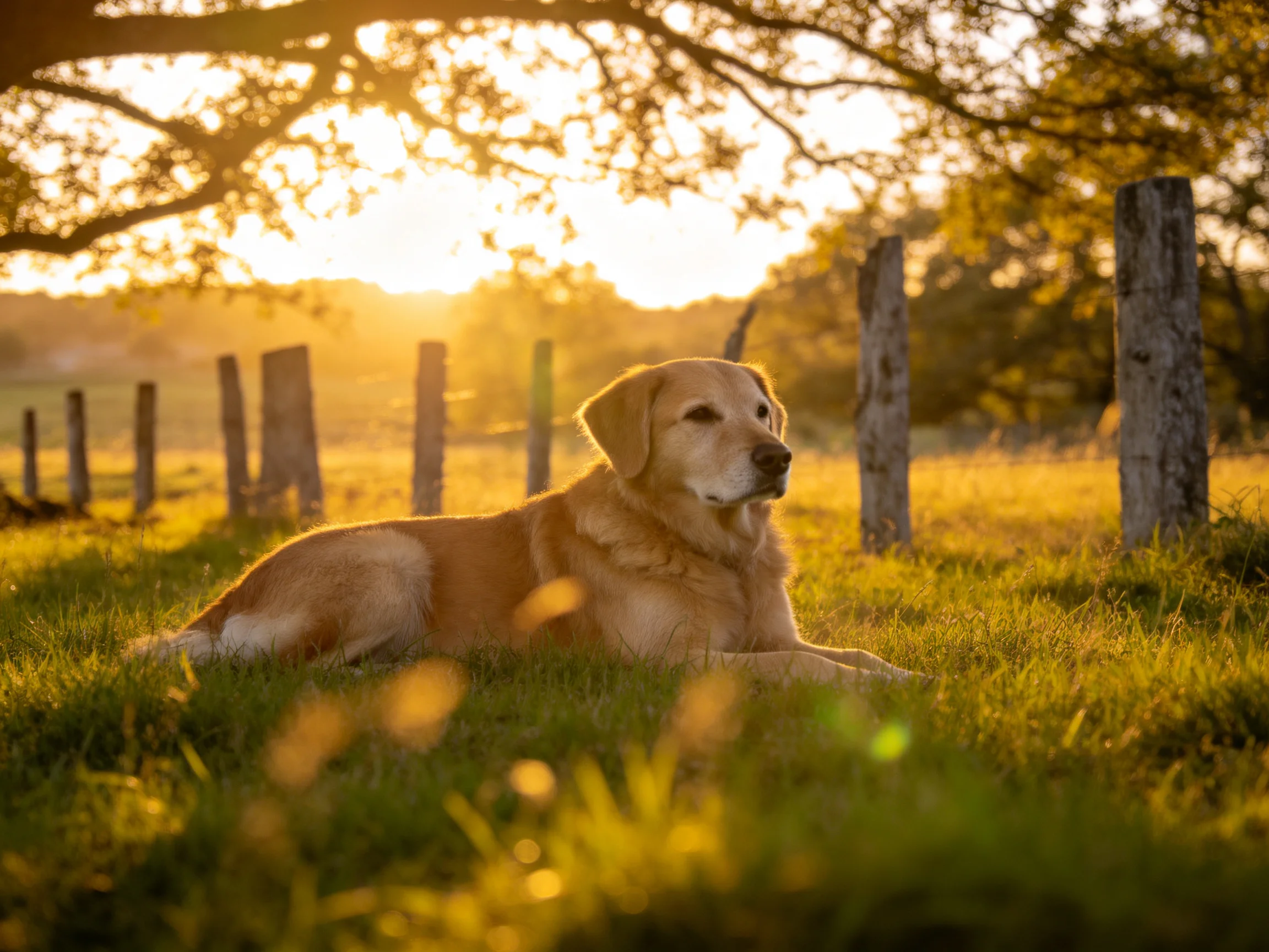 A golden retriever relaxes in a sunlit meadow near wooden fence posts.