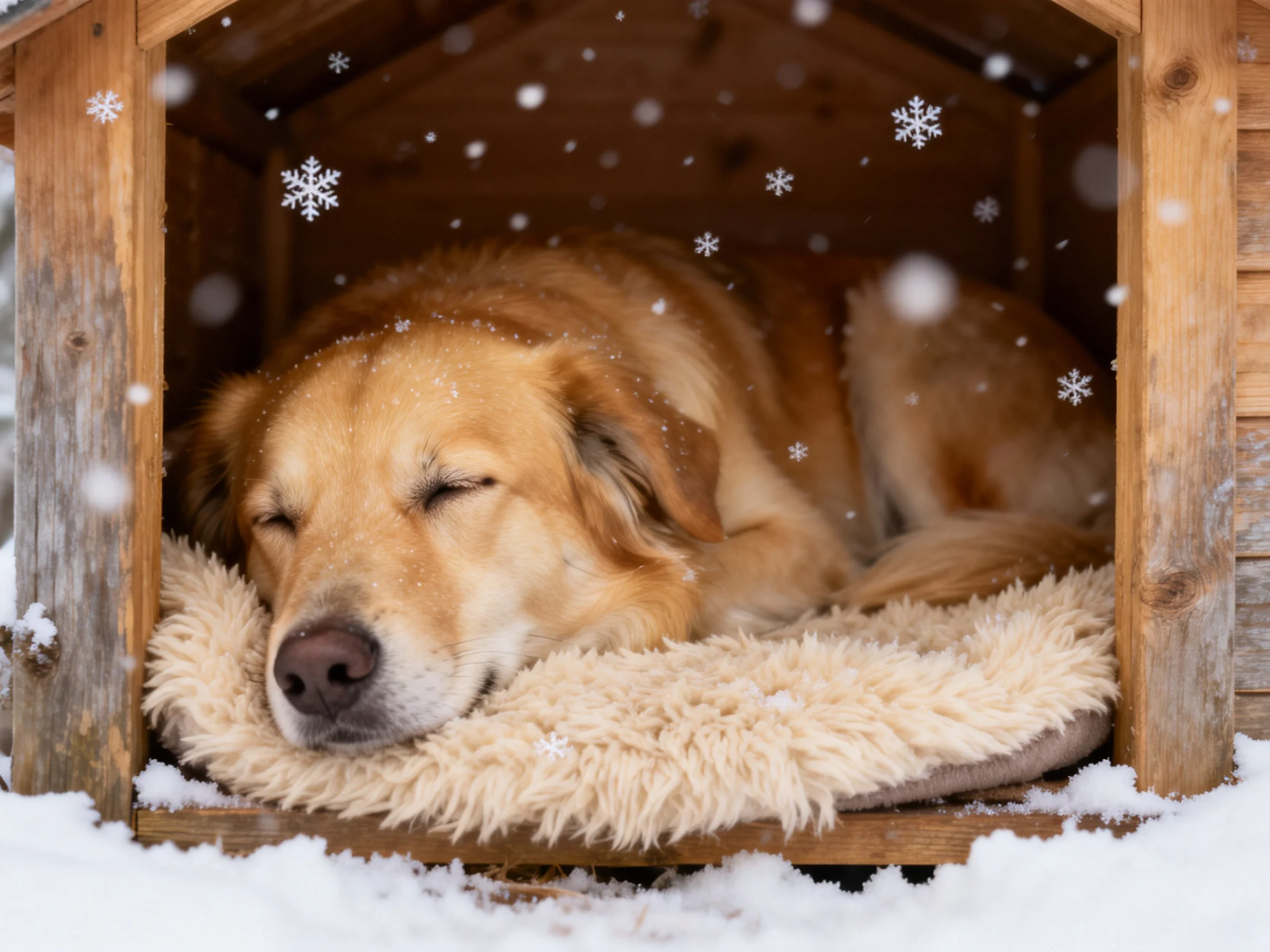 A golden retriever sleeps peacefully inside a wooden doghouse on a snowy day.