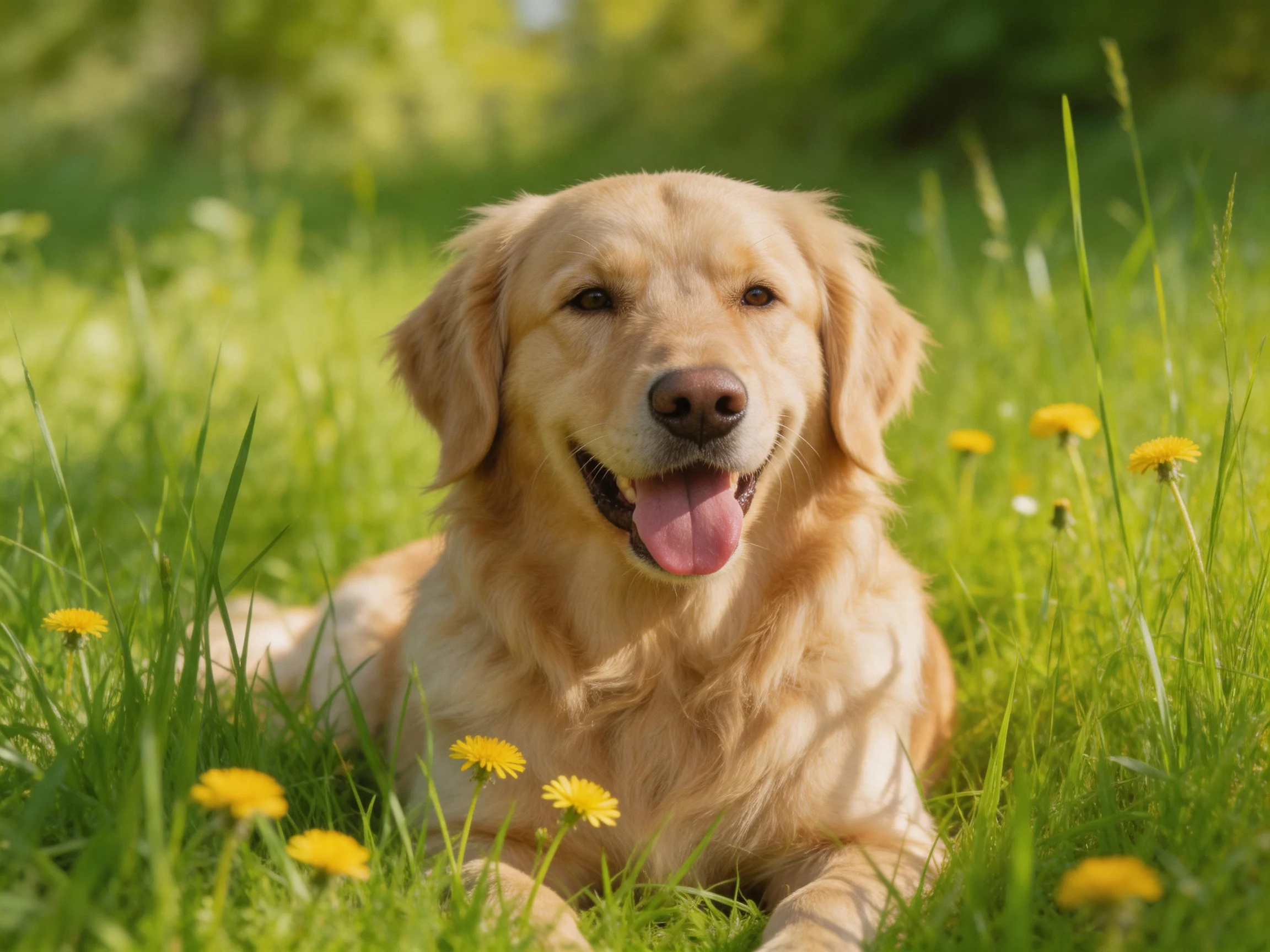 A golden retriever relaxes in a grassy area adorned with yellow flowers.