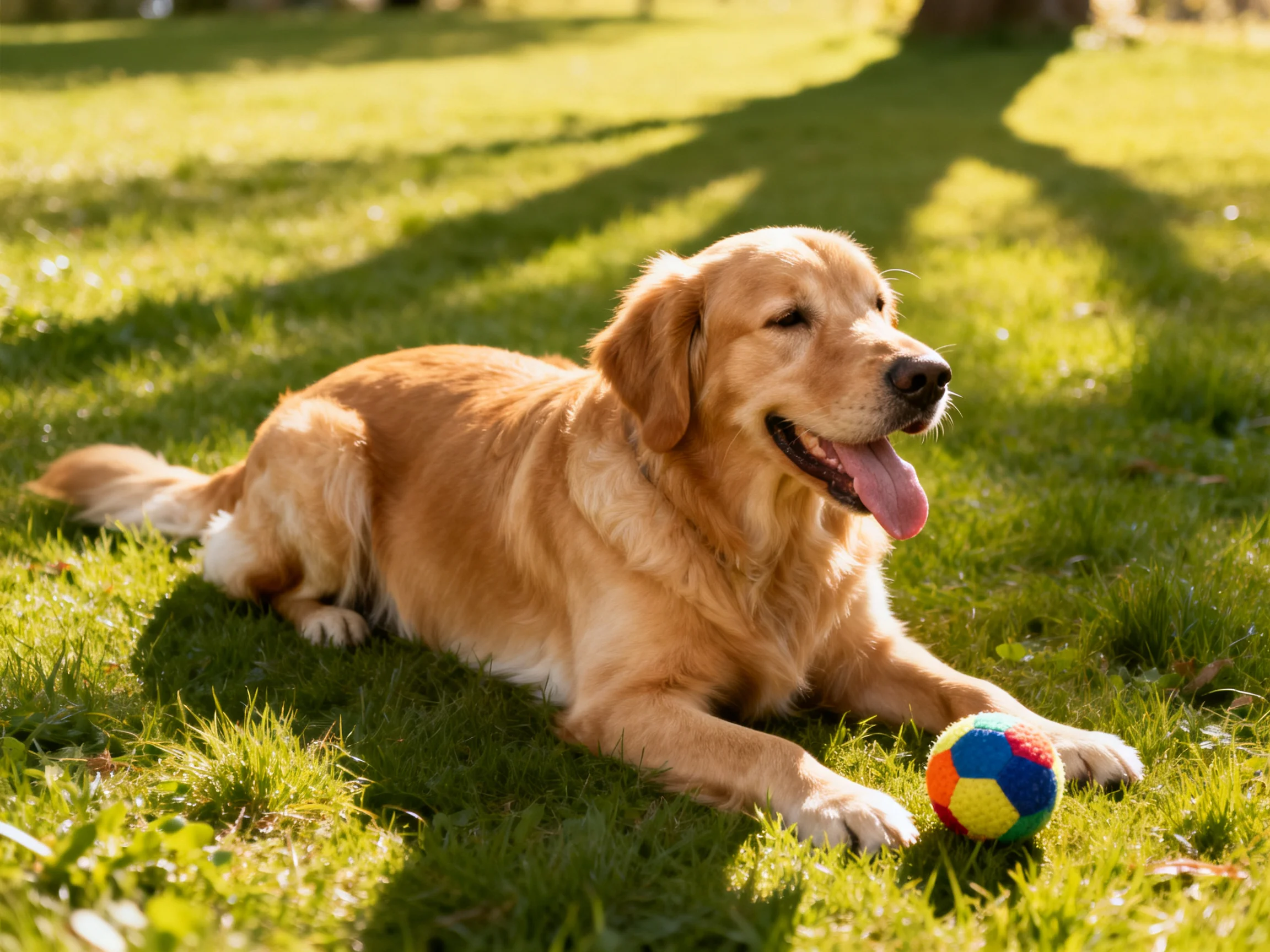 A golden retriever rests near a colorful ball on sunlit grass