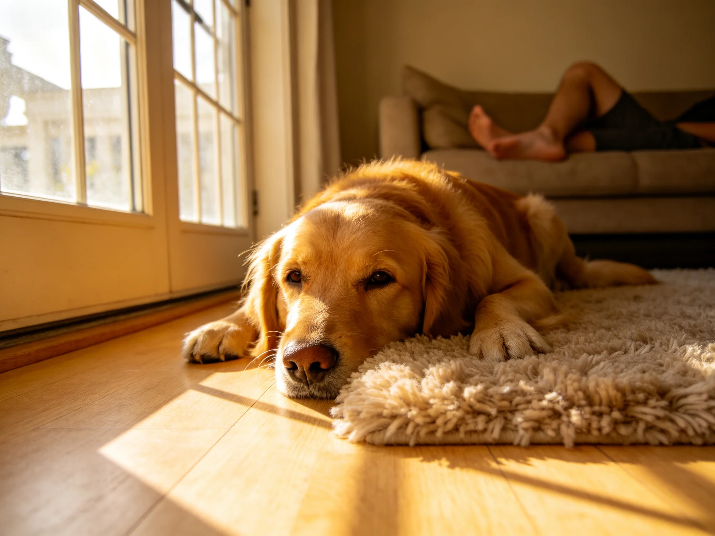 A golden retriever lies on a rug by a sunlit window while an owner relaxes on a couch