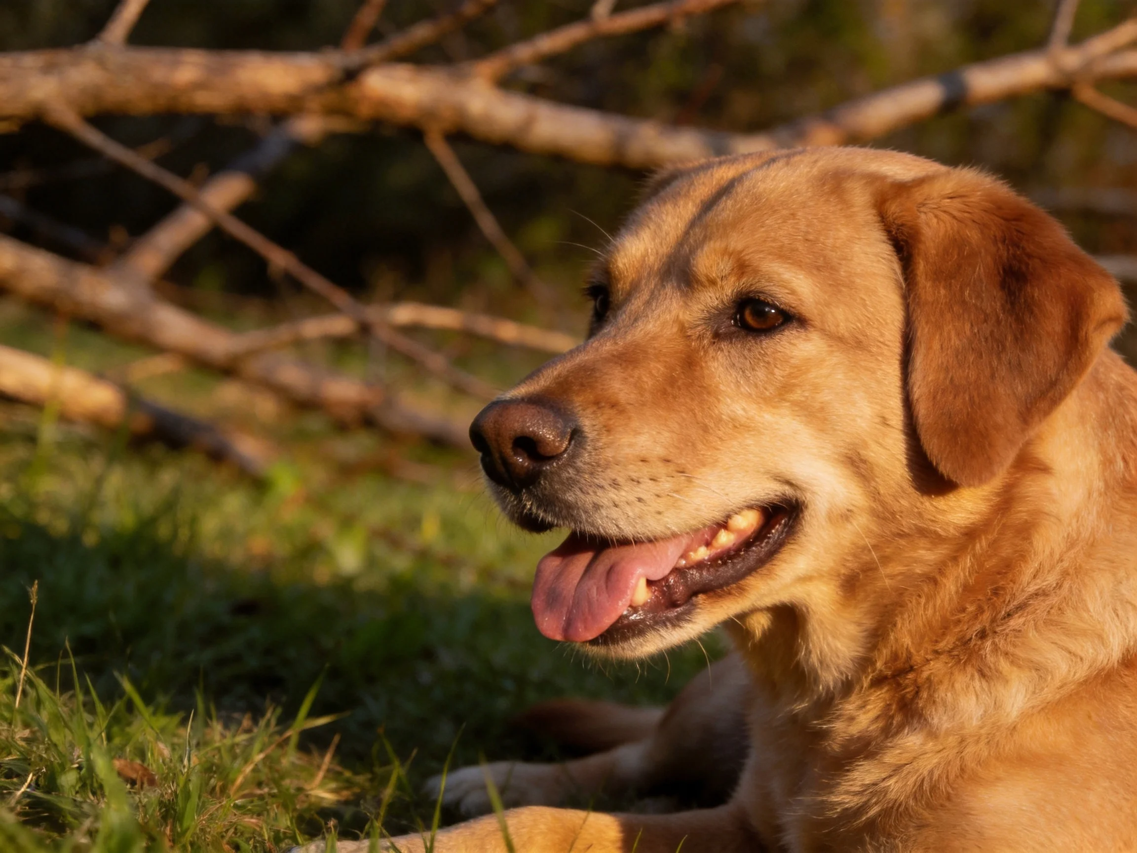 A golden retriever relaxes near fallen branches in a sunlit grassy area.