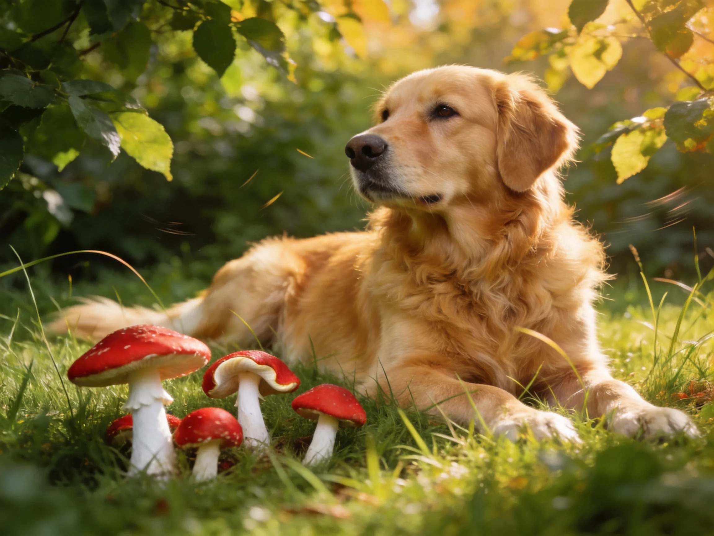 A golden retriever relaxes beside red-capped mushrooms in a sunlit meadow.