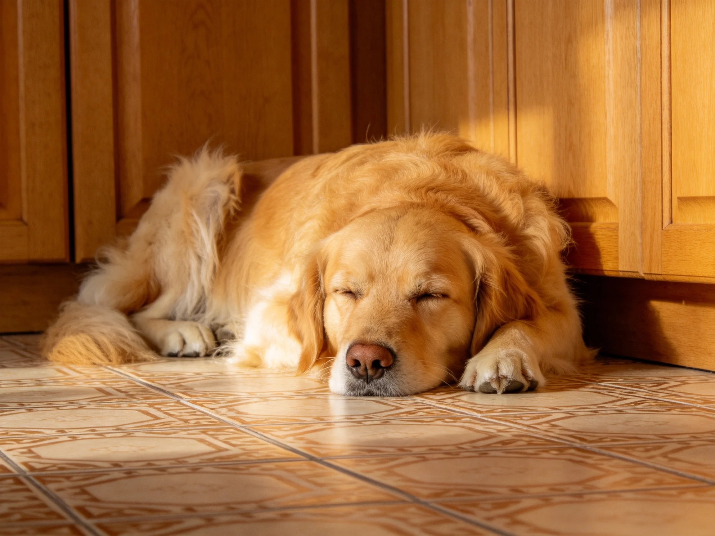 Golden retriever sleeps calmly next to wooden cabinets on tiled flooring.
