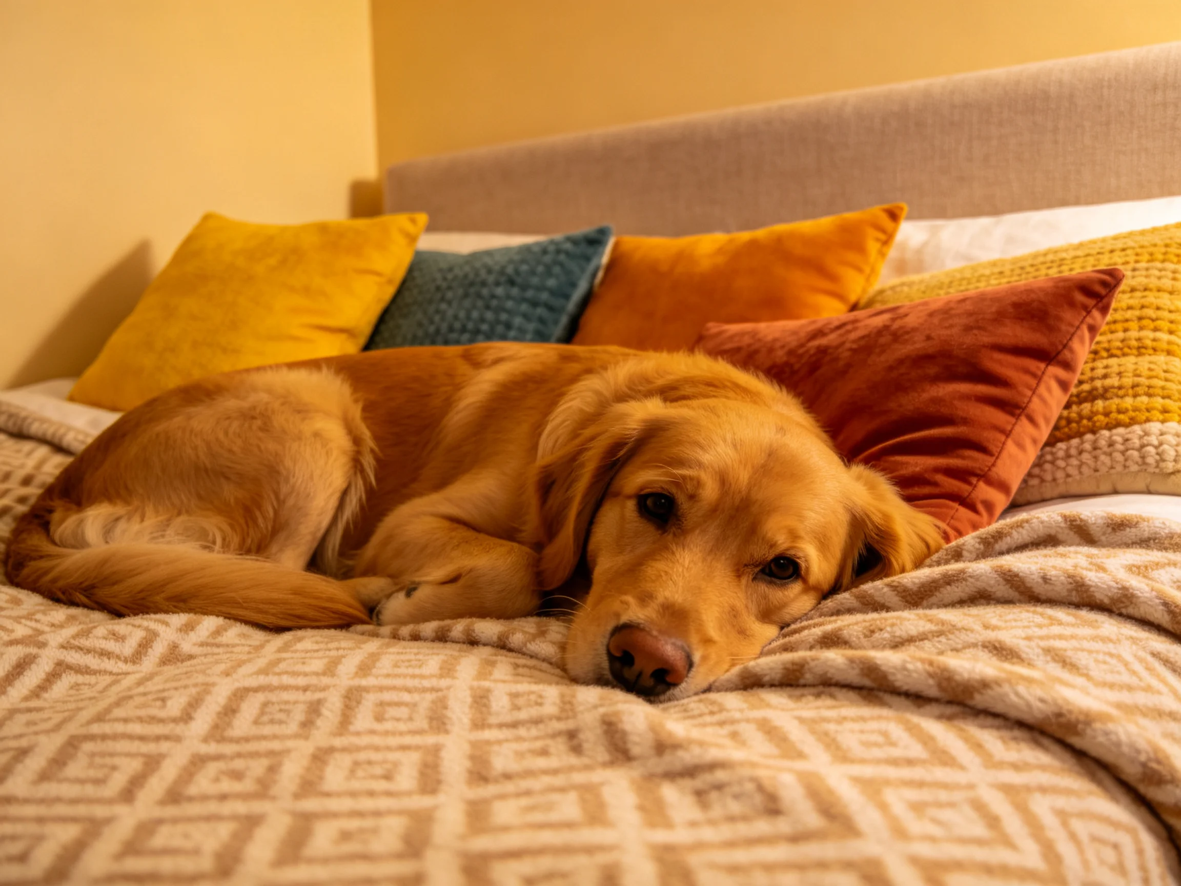 A golden retriever rests on a bed with vibrant throw pillows